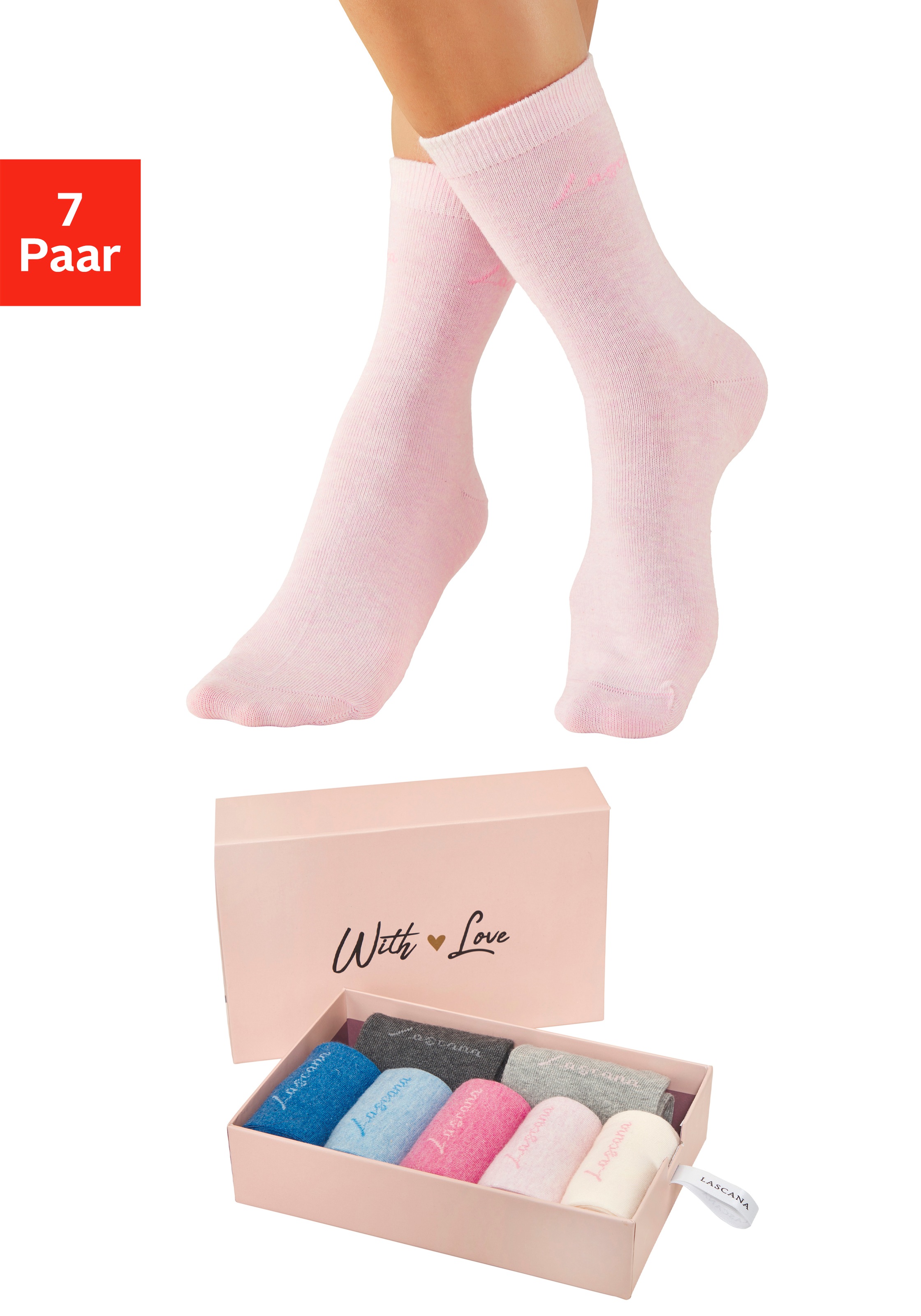 LASCANA Basicsocken "für Damen mit eingestricktem Markenlogo" Box, 7 Stk. tlg. in ansprechender Geschenkbox