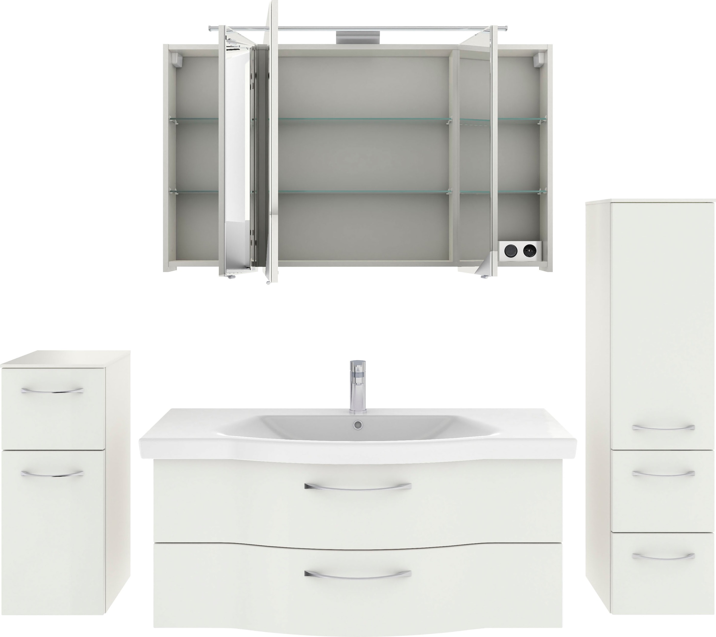 Saphir Badmöbel-Set »6005 Sprint 4-teilig, Keramik-Waschtisch mit LED-Spiegelschrank«, (5 St.), Unterschrank, Midischrank, inkl. Türdämpfer, 5 Türen, 5 Schubladen