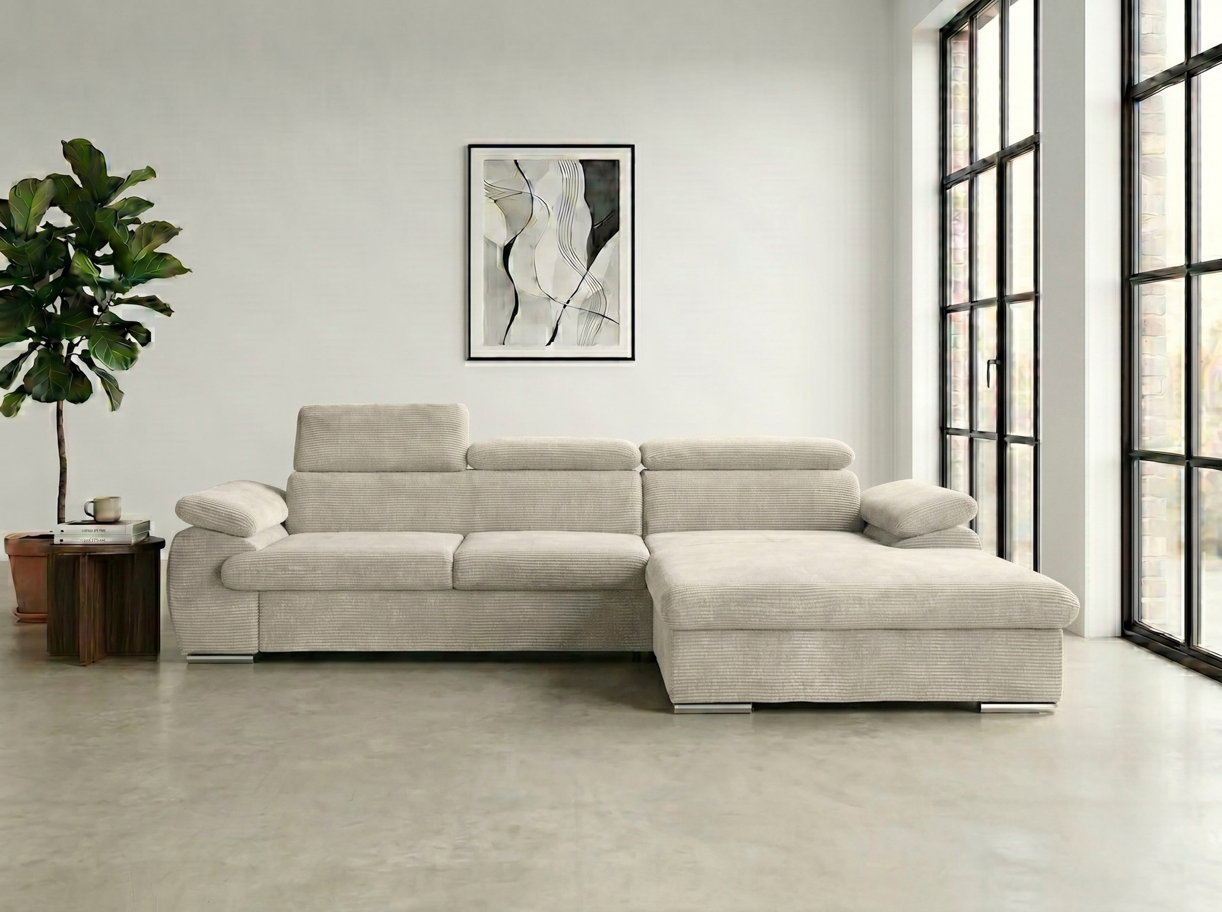 WERK2 Ecksofa "Cosmo 282 x 192 cm modern und bequem" Cord, L-Form, XXL, Schlaffunktion, Bettkasten, verstellbare Kopfteile