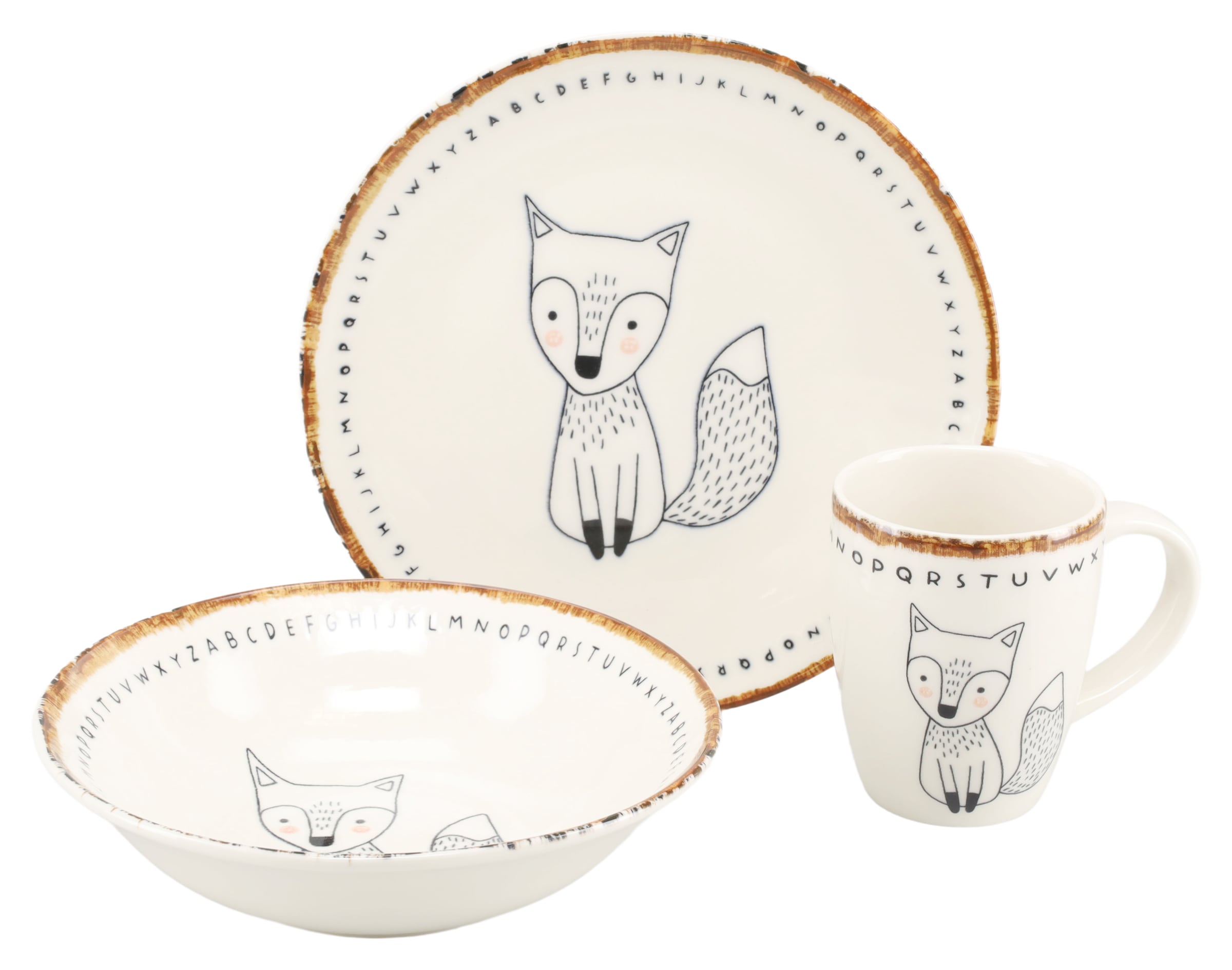CreaTable Kindergeschirr-Set "Freunde des Waldes Fuchs, Kinder Set 3-tlg." Tiermotive, skandinavischer Stil, unregelmäßiger brauner Rand