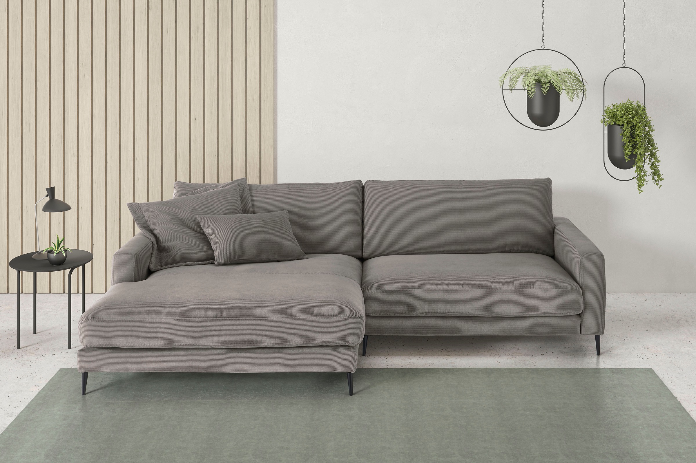 INOSIGN Ecksofa »Downtown, B/T/H: 272/190/84 cm L-Form«, weicher Sitzkomfort auch in Cord und Bouclé, incl. Zierkissen