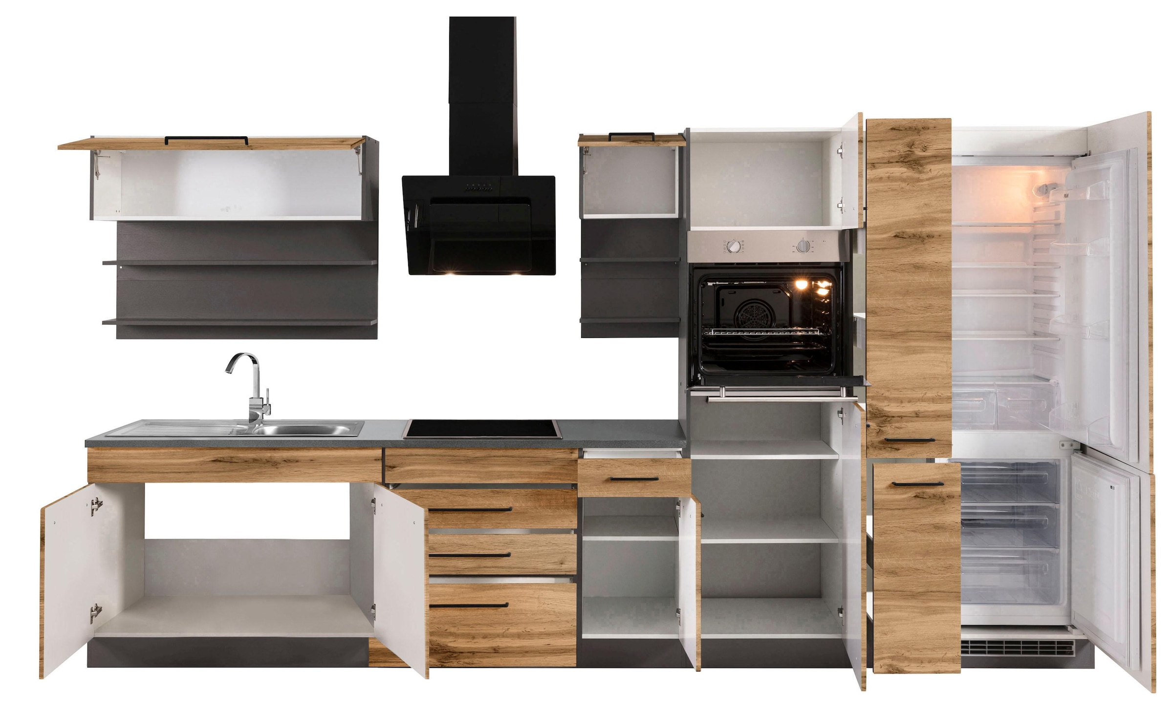 KOCHSTATION Küchenzeile »KS-Tulsa«, mit E-Geräten, Breite 380 cm, schwarze Metallgriffe, MDF Fronten