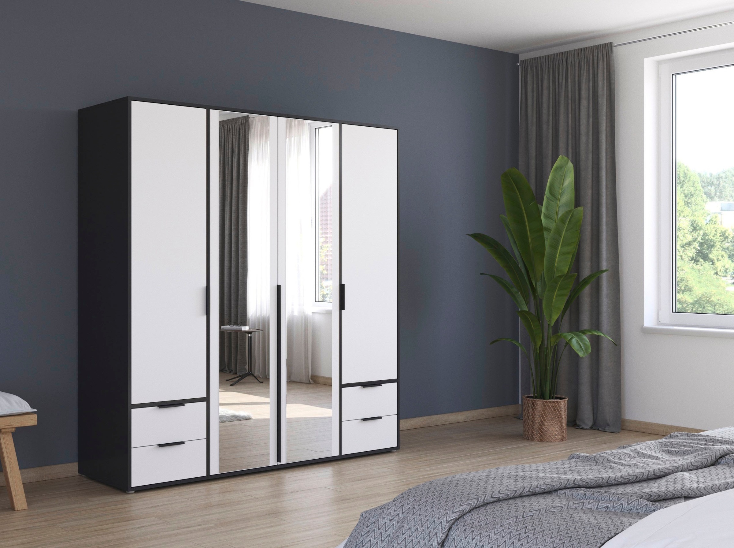 rauch Drehtürenschrank »Kleiderschrank Schrank Garderobe Wäscheschrank NAGATA mit Spiegel«, (in 3 verschiedenen Ausstattungen BASIC/CLASSIC/PREMIUM), und Schubladen sowie Stangengriffen TOPSELLER MADE IN GERMANY