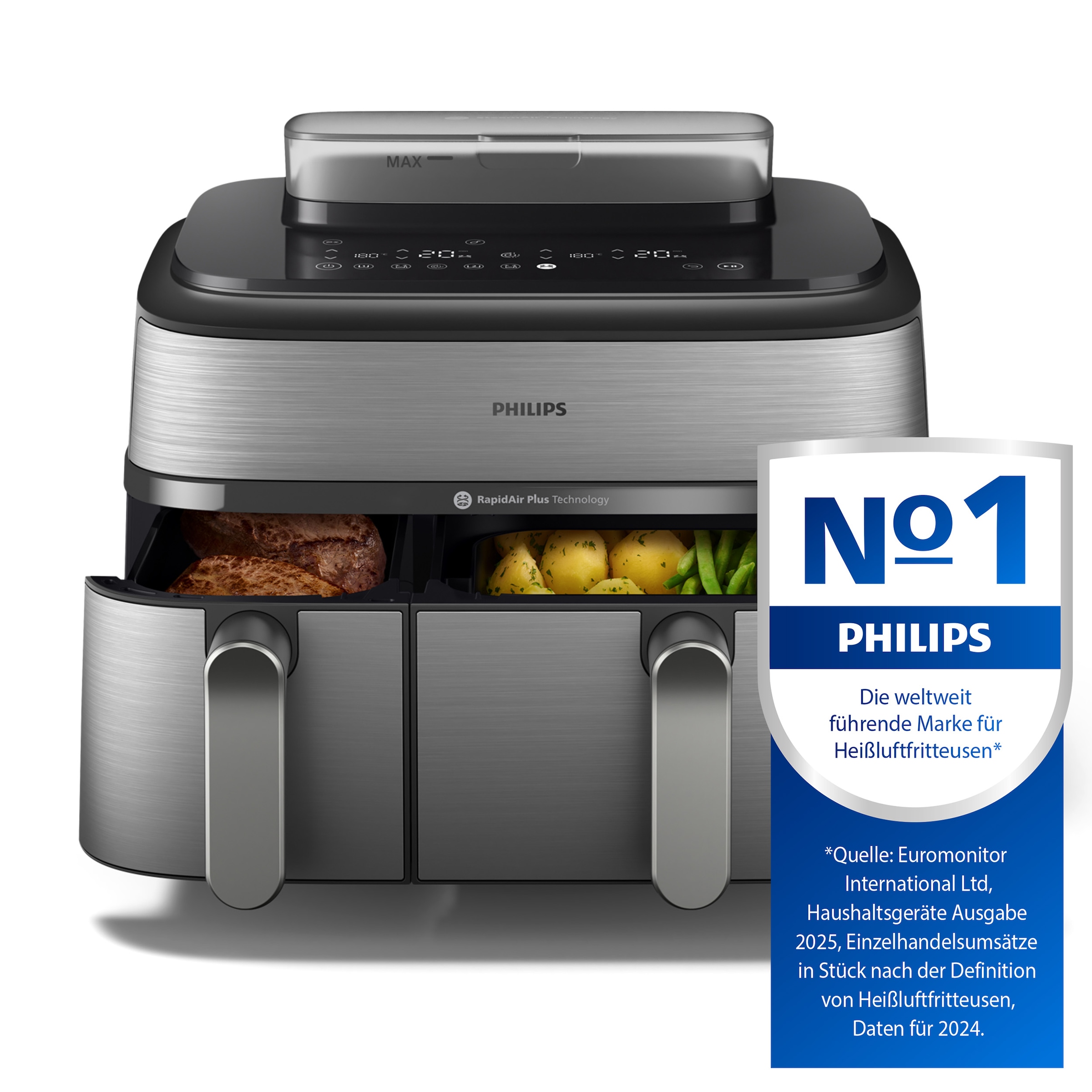 Philips Heißluftfritteuse »Steam Airfryer 5000 Dual Basket NA555/00, Airfryen & Dampfgaren, 3L+6L«, 2750 W, RapidAir Plus Technologie und 19 Kochfunktionen; Silber/Edelstahl