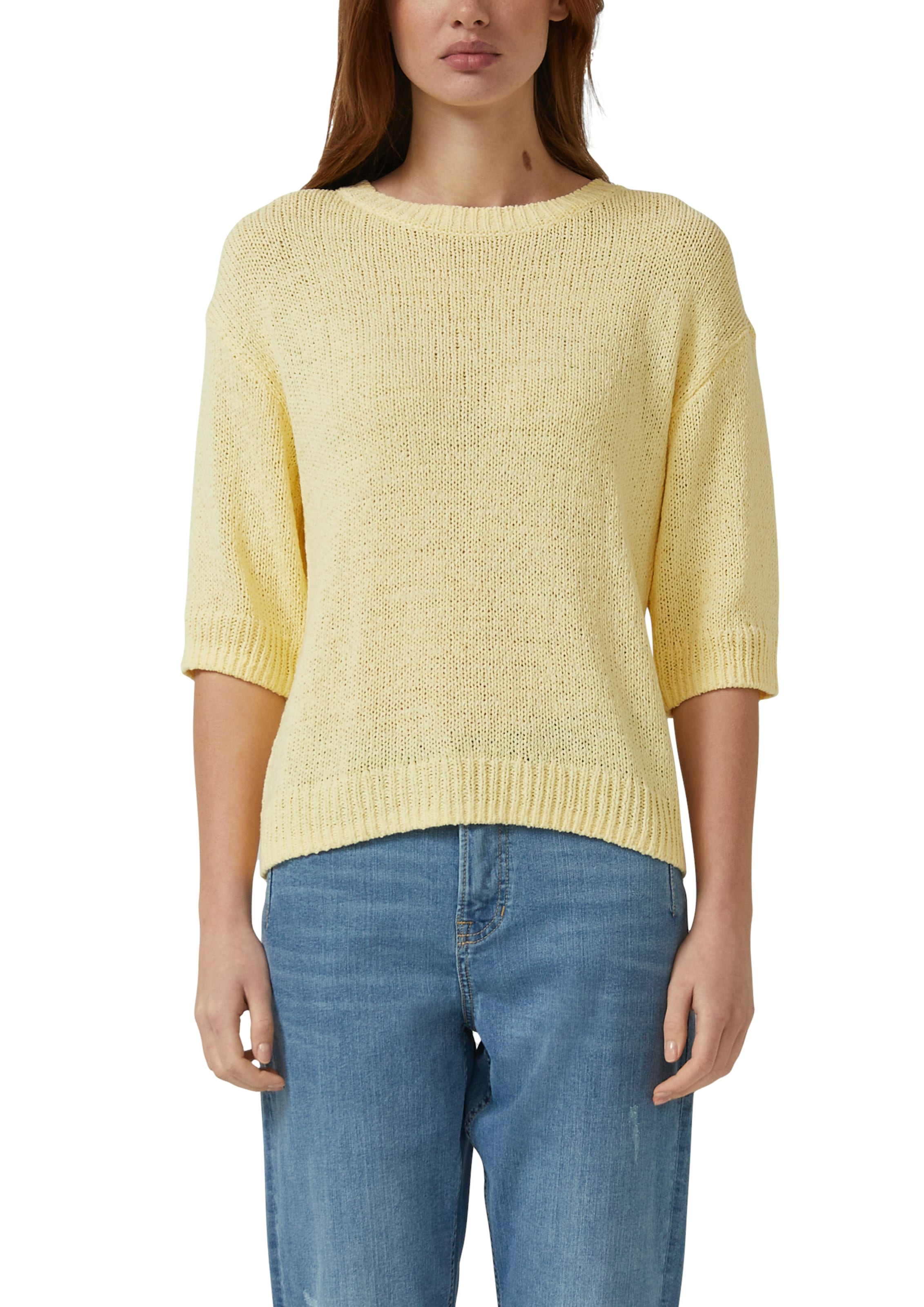3/4 Arm-Pullover S.OLIVER, Damen, Gr. 40, gelb, Strick, Obermaterial: 60% Baumwolle, 40% Polyamid, unifarben, lässig geschnitten hüftbedeckend, Rundhals, Flachstrickbündchen, Pullover, Strickpullover mit Rundhals