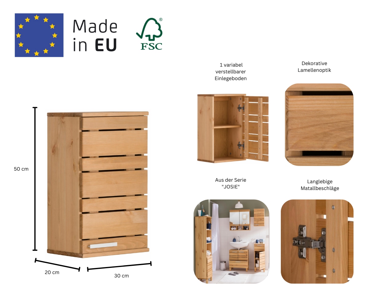 Home affaire Hängeschrank »JOSIE«, Breite 30 cm, aus Massivholz, verstellbarer Einlegeboden, Metallgriff
