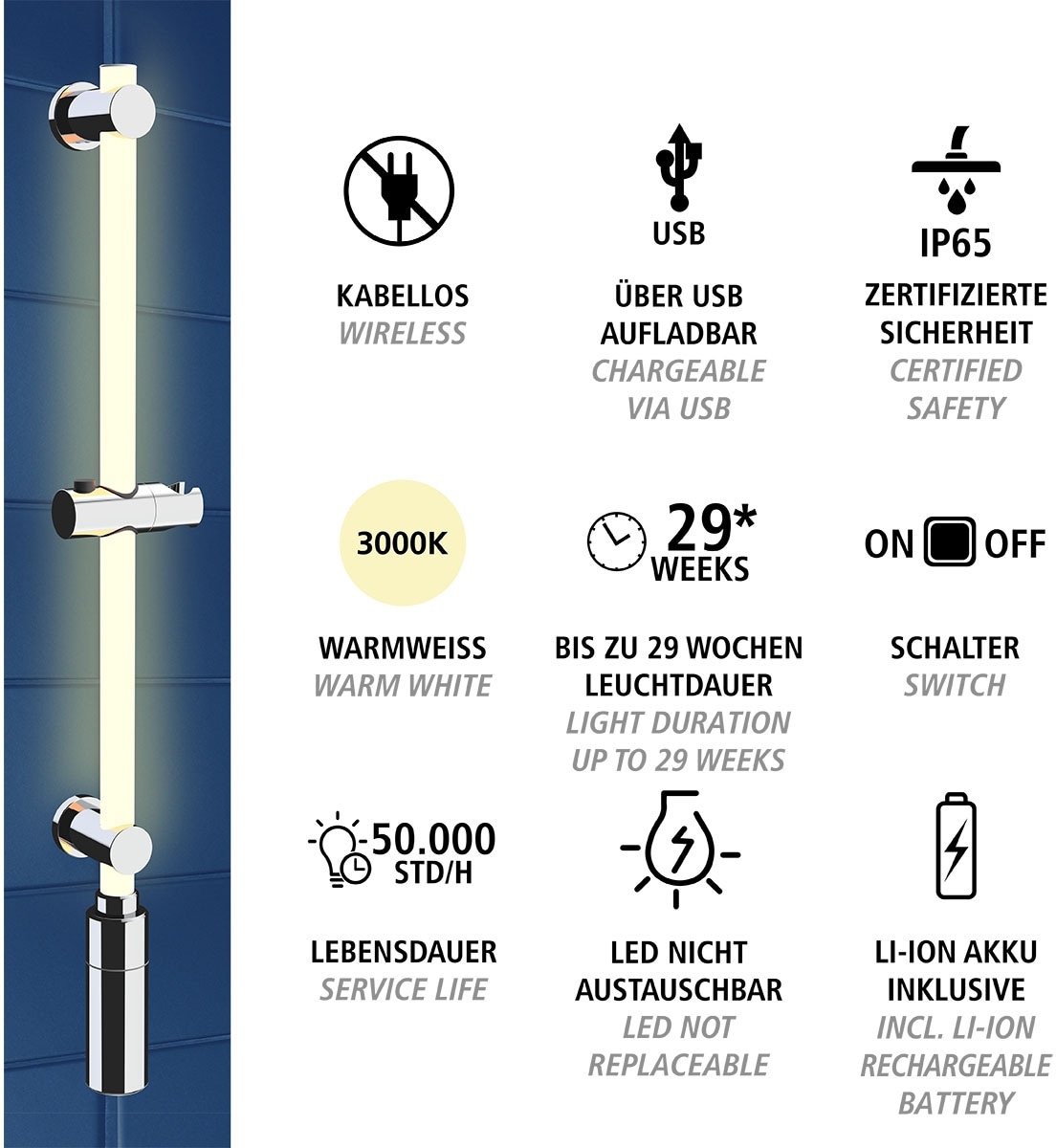 WENKO Duschstange »Brausestange mit LED Beleuchtung«, Länge: 74 cm, Warmweiß, inkl. wiederaufladbarer Einheit