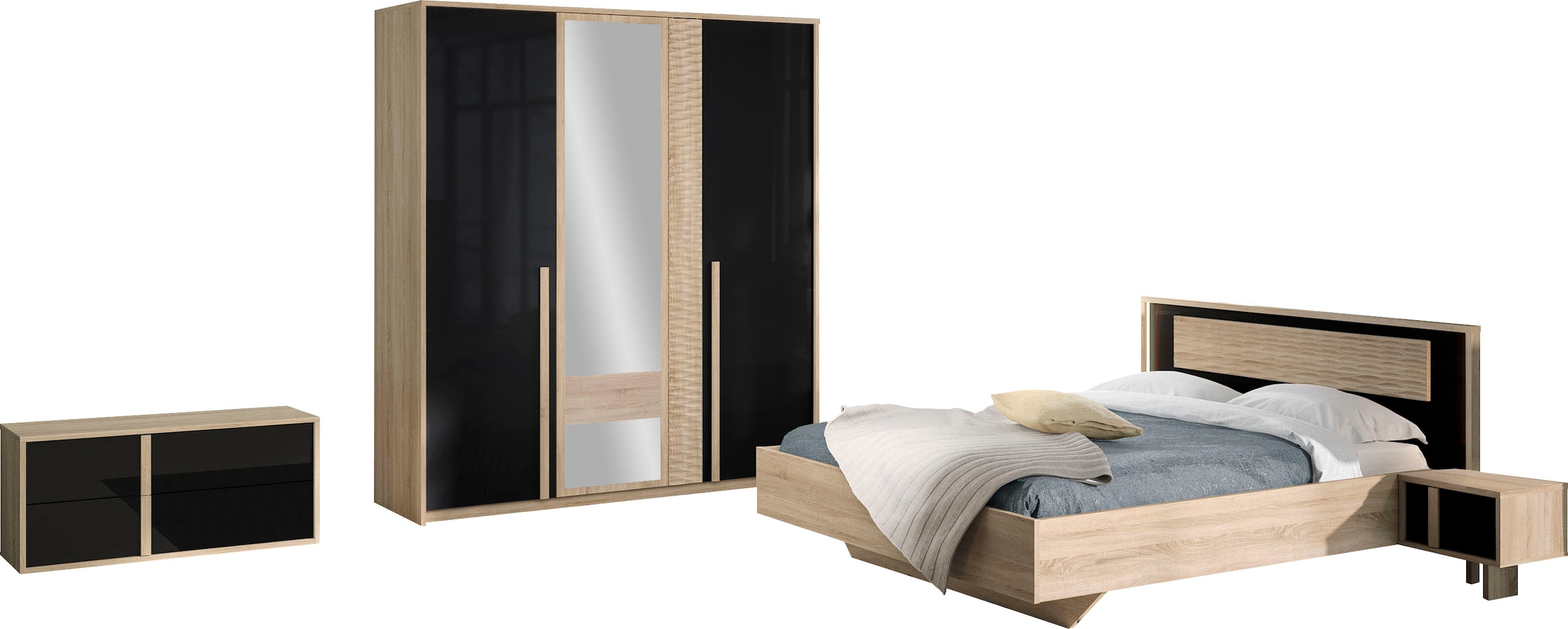 Gami Schlafzimmer-Set »Curtys«, (5 St., 1x Bett, 2x hängende Nachttische, 1x Kleiderschrank und 1x Lowboard)