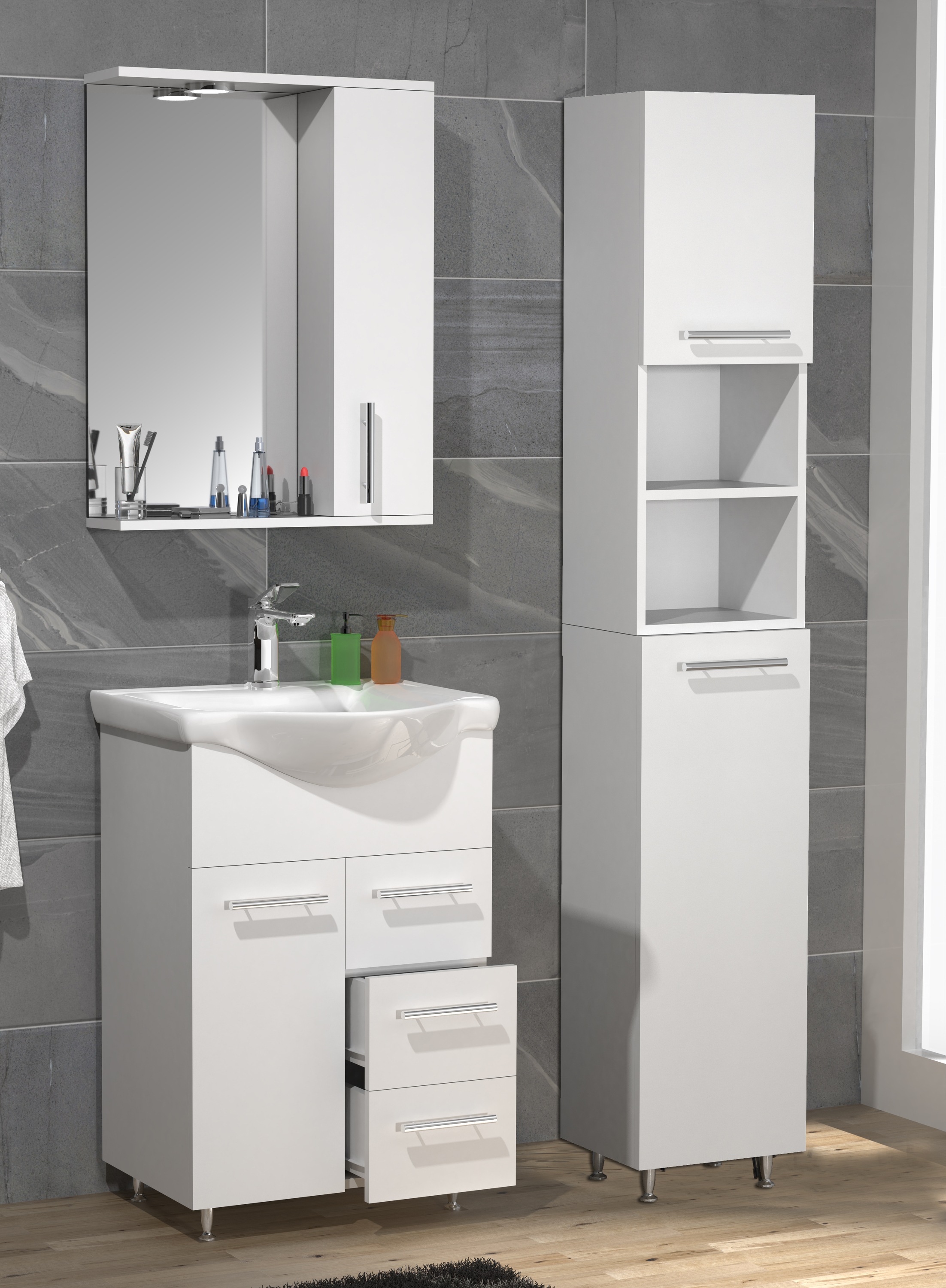 VCM Waschbeckenunterschrank »VCM 4-tlg. Waschplatz Waschtisch Badmöbel Set Waschbecken Schublade Spiegelschrank Lisalo L«, (4 St.)