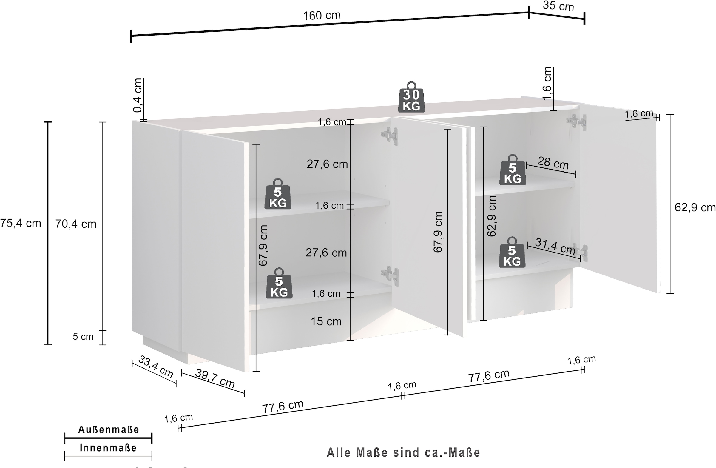 INOSIGN Sideboard »VELA, Sideboard, Breite 160 cm, Design mit schrägen Türen«, (1 St.), Made in Italy, Maße-B/T/H: 160x35x75,Sideboard, Anrichte, Kommode