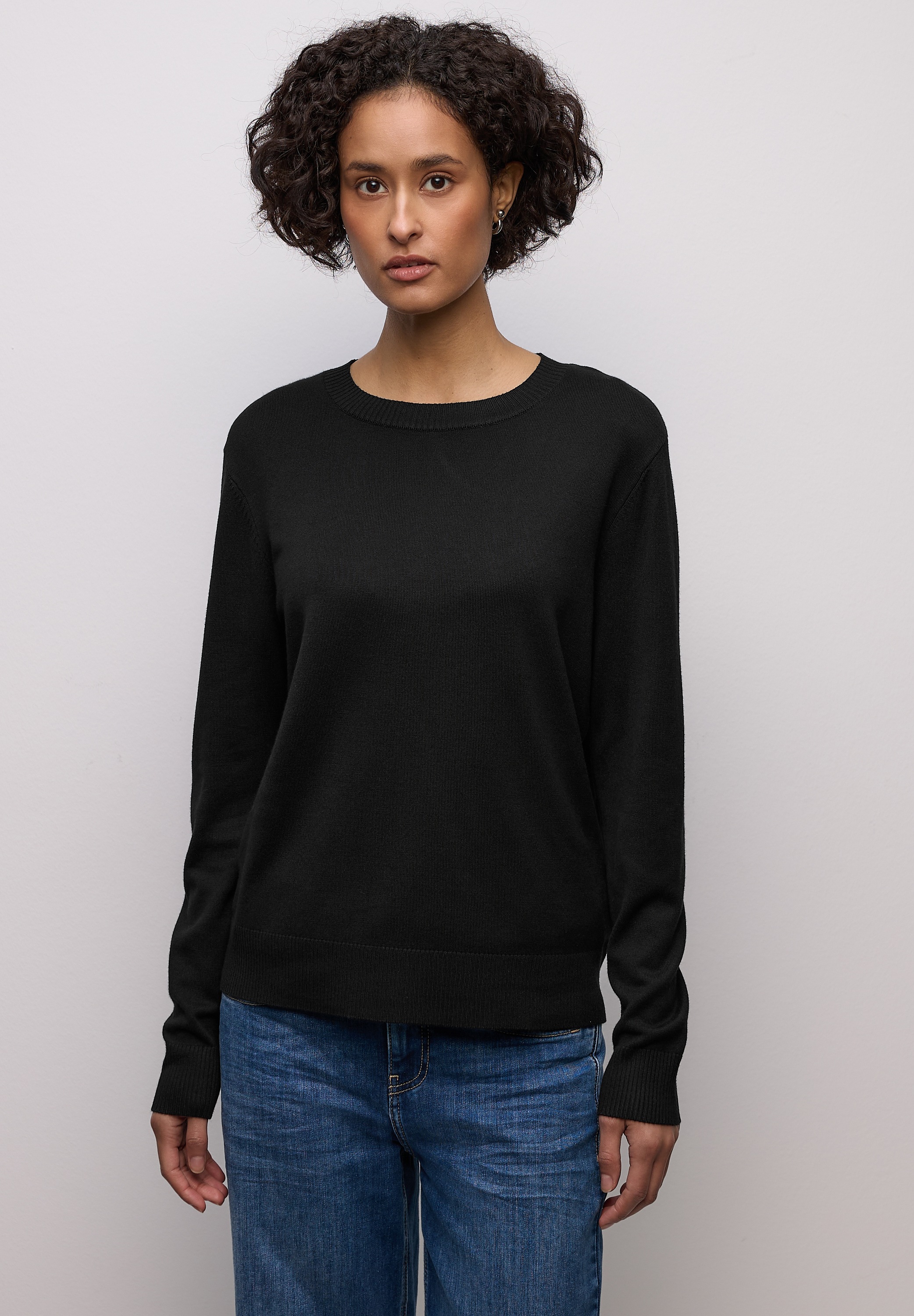 Rundhalspullover STREET ONE, Damen, Gr. 42, schwarz, Stoff, 86% Viskose, 14% Polyester, unifarben, normal normal, Rundhals, Rippbündchen, Pullover Rundhalspullover, mit Rundhalsausschnitt