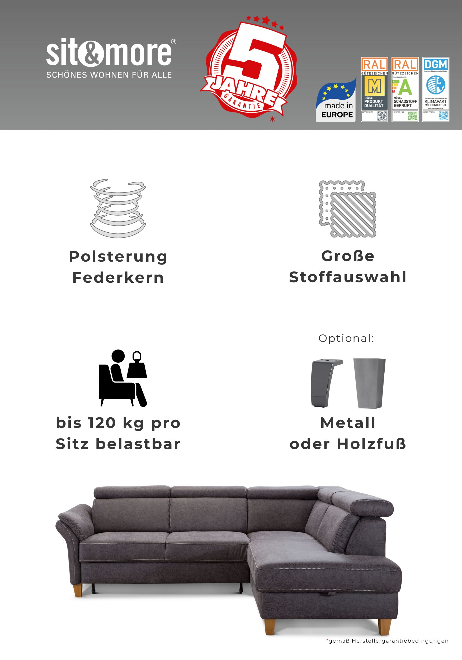 sit&more Ecksofa »Arngast L-Form« inklusive Kopfteilverstellung und Federkern