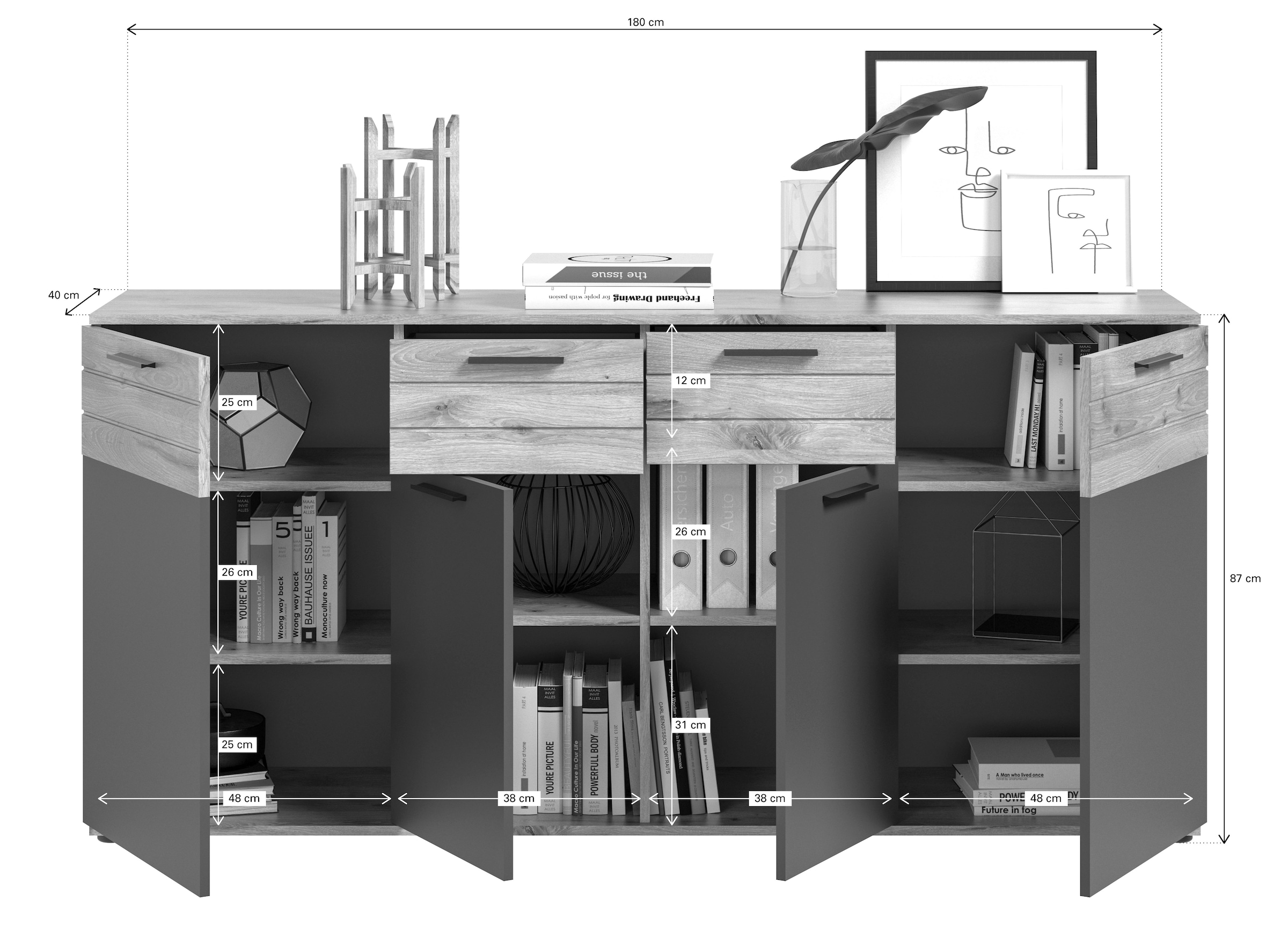 INOSIGN Sideboard »Riga, Breite 180cm, 4 Türen, 2 Schubkästen, 6 Einlegeböden, 10 Fächer«, hochwertige Rillenfräsung, mit Softclose, Kommode, Anrichte, Schrank