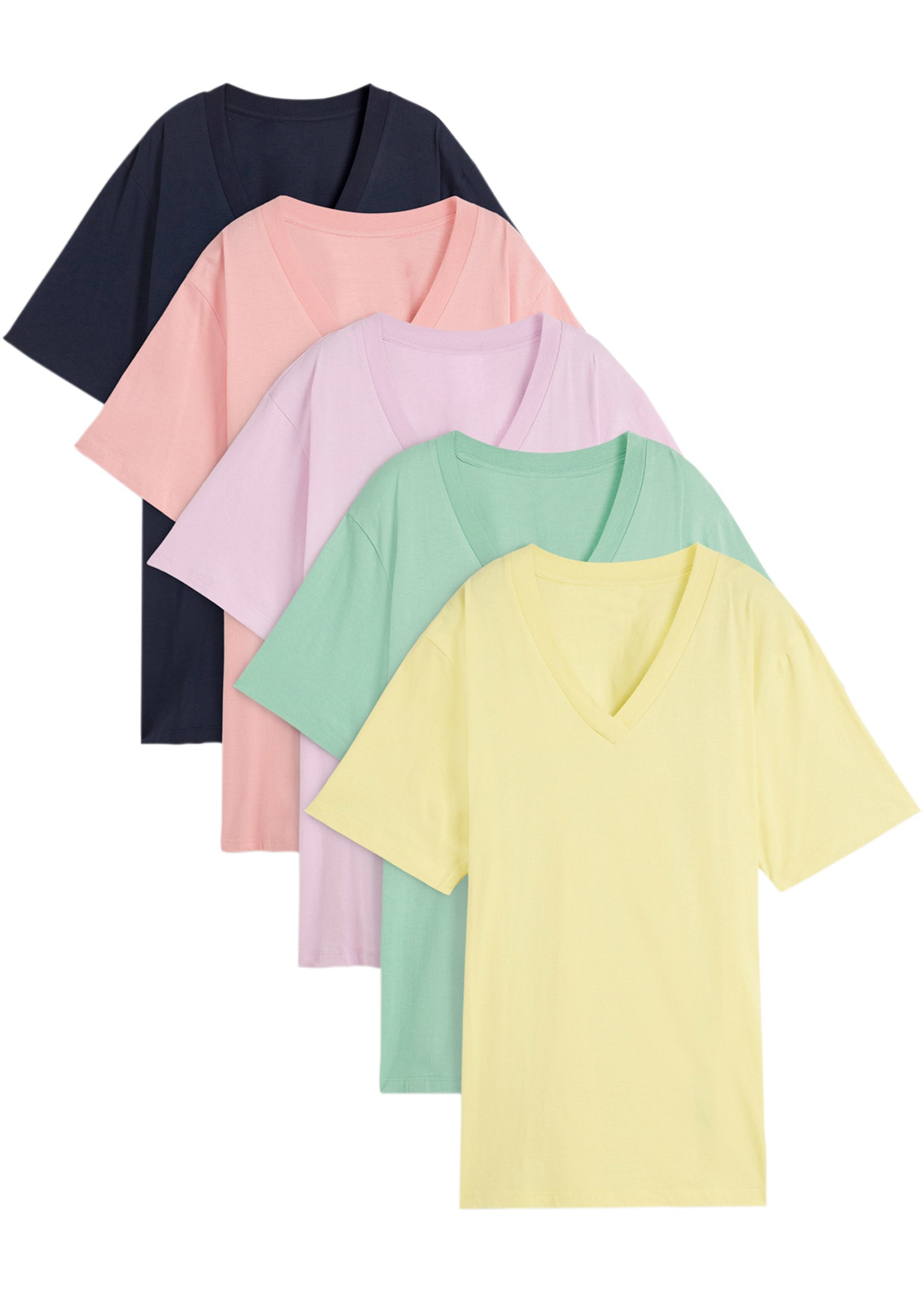 bonprix "Weites Long-Shirt mit V-Ausschnitt, Kurzarm (5er Pack)" Packung, 5 tlg. lockere Passform, Kurzarm, mit V-Ausschnitt, unifarben