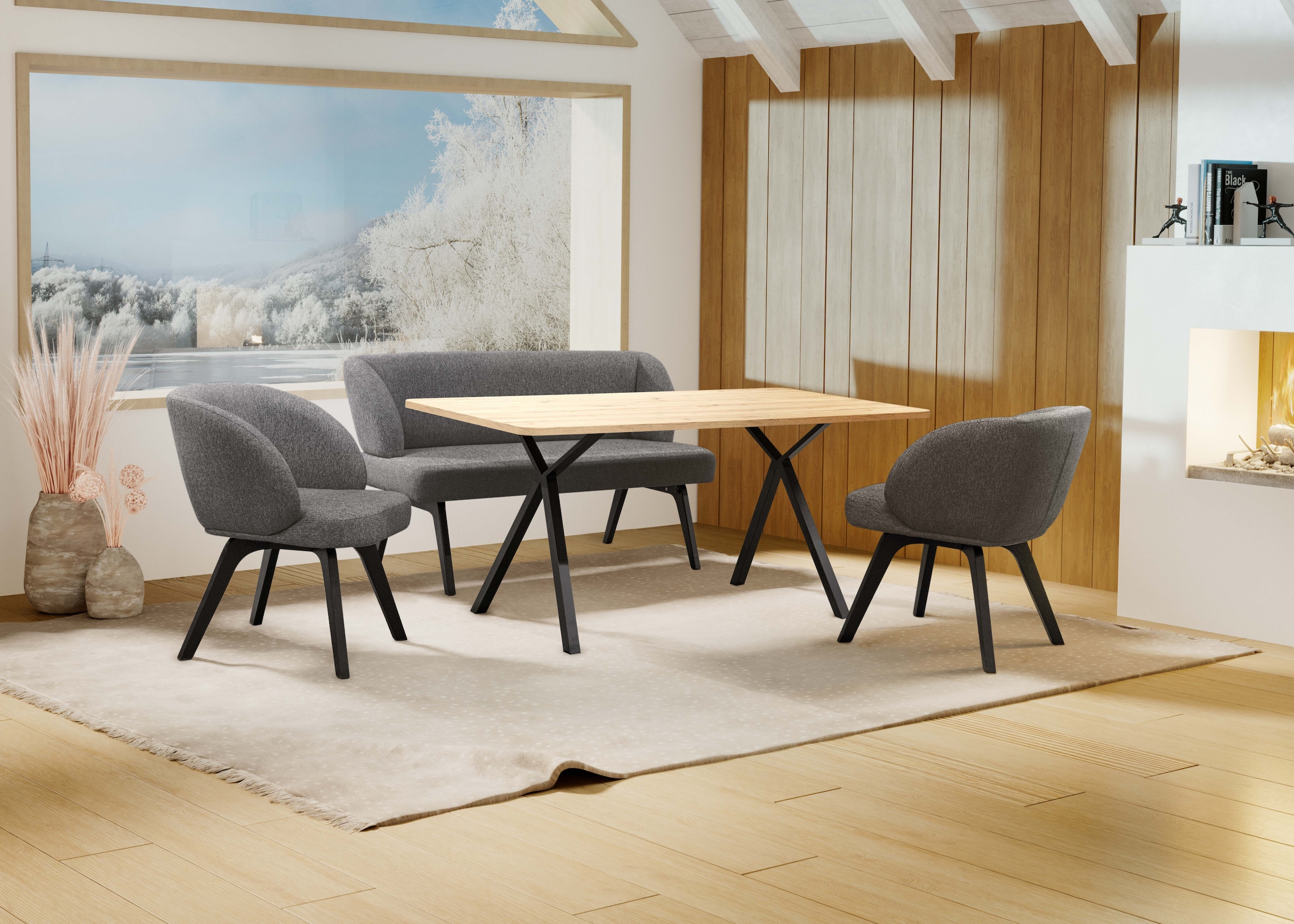Home affaire Essgruppe »Aretha Esstischbank, Sitzgruppe, Küchenbank, Polsterbank«, (Set, 4 tlg., 4er), Esszimmer Sitzgruppe, Tisch, Stühle und Bank gepolstert, Nosagfederung