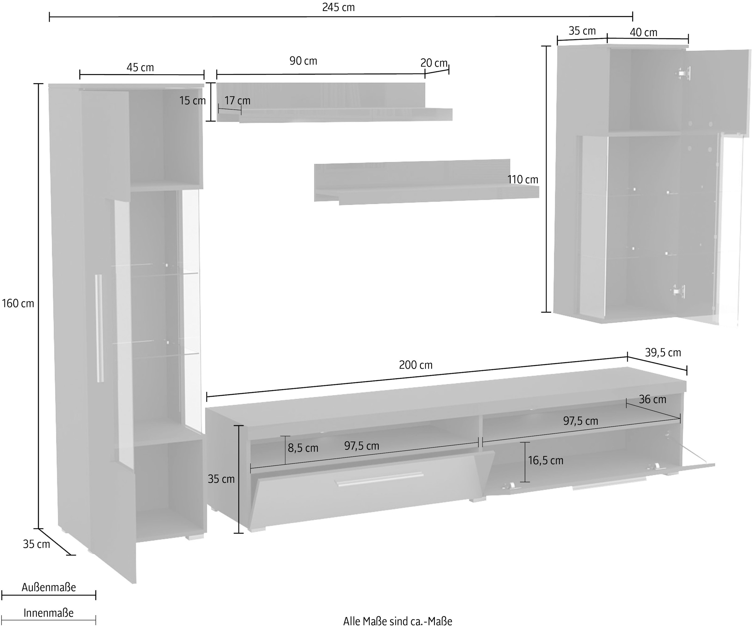 INOSIGN Wohnwand, Wohnwand (Set,5-St, 1xVitrine,1xHängevitrine,1TV-Schrank,2xWandregal)