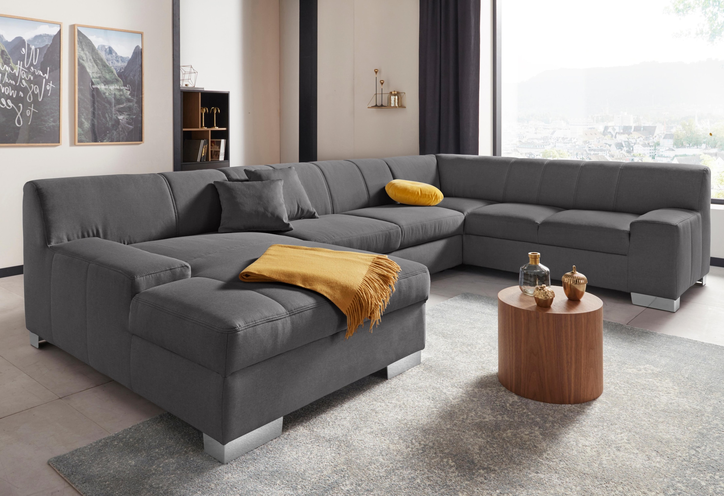 DOMO collection Wohnlandschaft "Bero, elegant und zeitlos, flache Armlehnen, Breite 328cm, U-Form" fester Sitzkomfort, wahlweise mit Bettfunktion