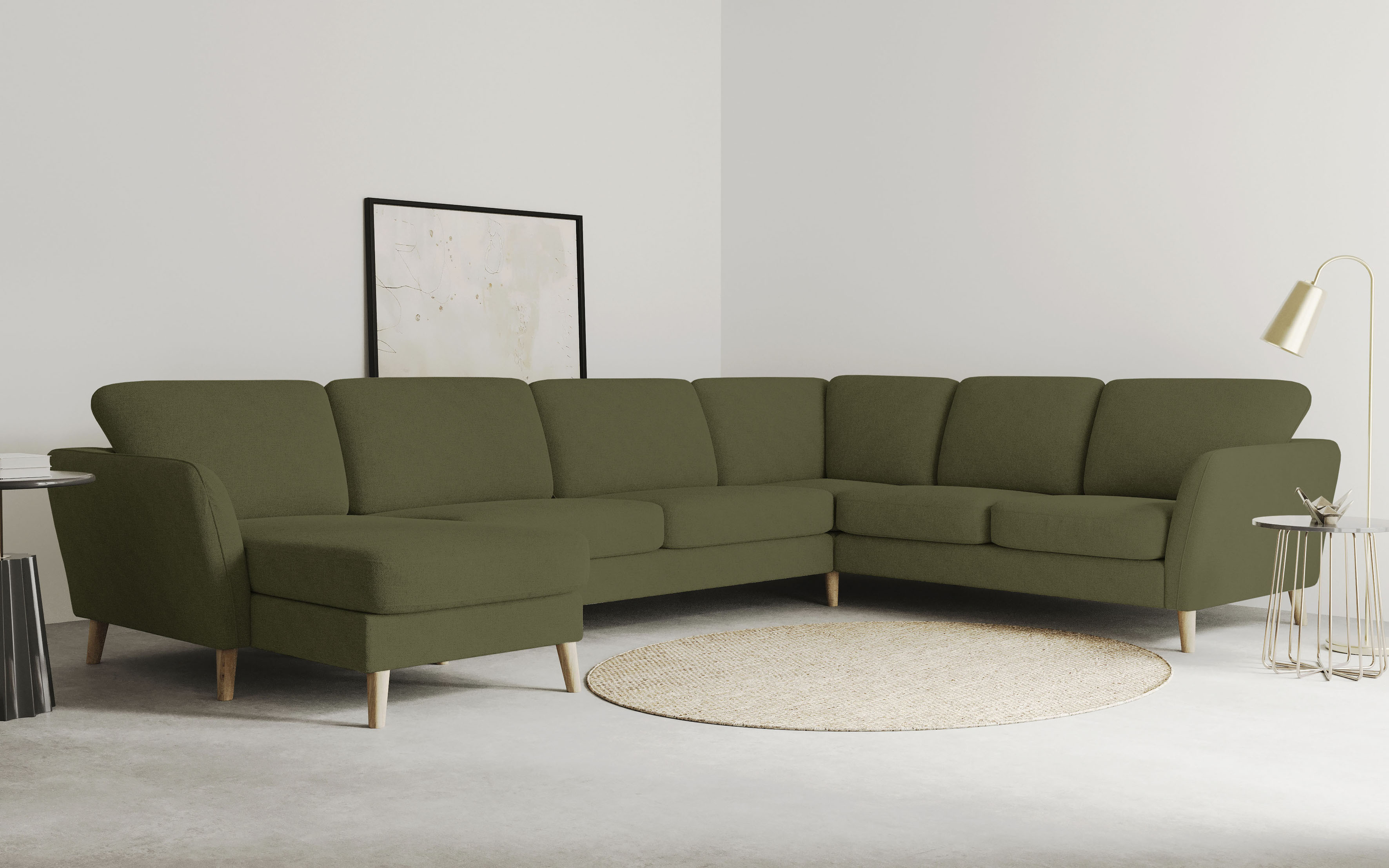 OTTO home Wohnlandschaft "MARSEILLE XXL 349cm, U-Form, Ottomane rechts/links wählbar" Massivholzbeine aus Eiche, In verschieden Bezügen und Farbvarianten