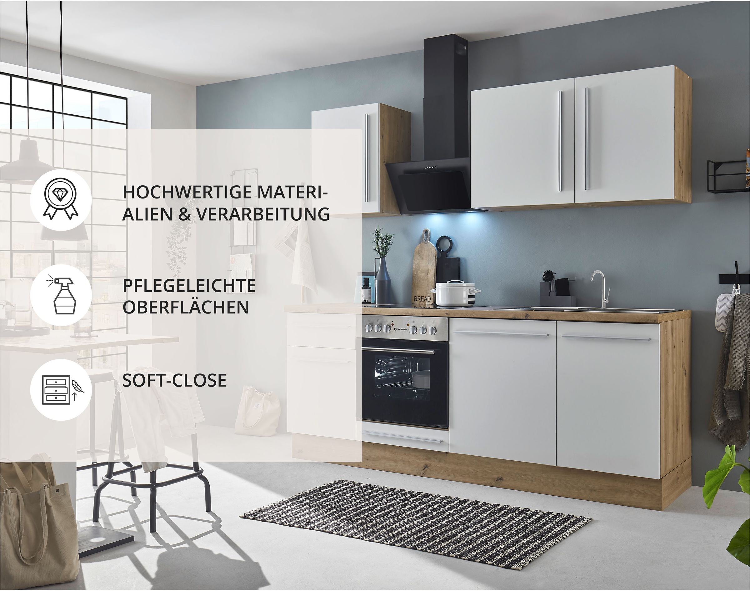 KOCHSTATION Küchenzeile »Florida mit 38mm starker Arbeitsplatte«, Breite 220 cm, wahlweise mit E-Geräten, Soft-Close-Funktion