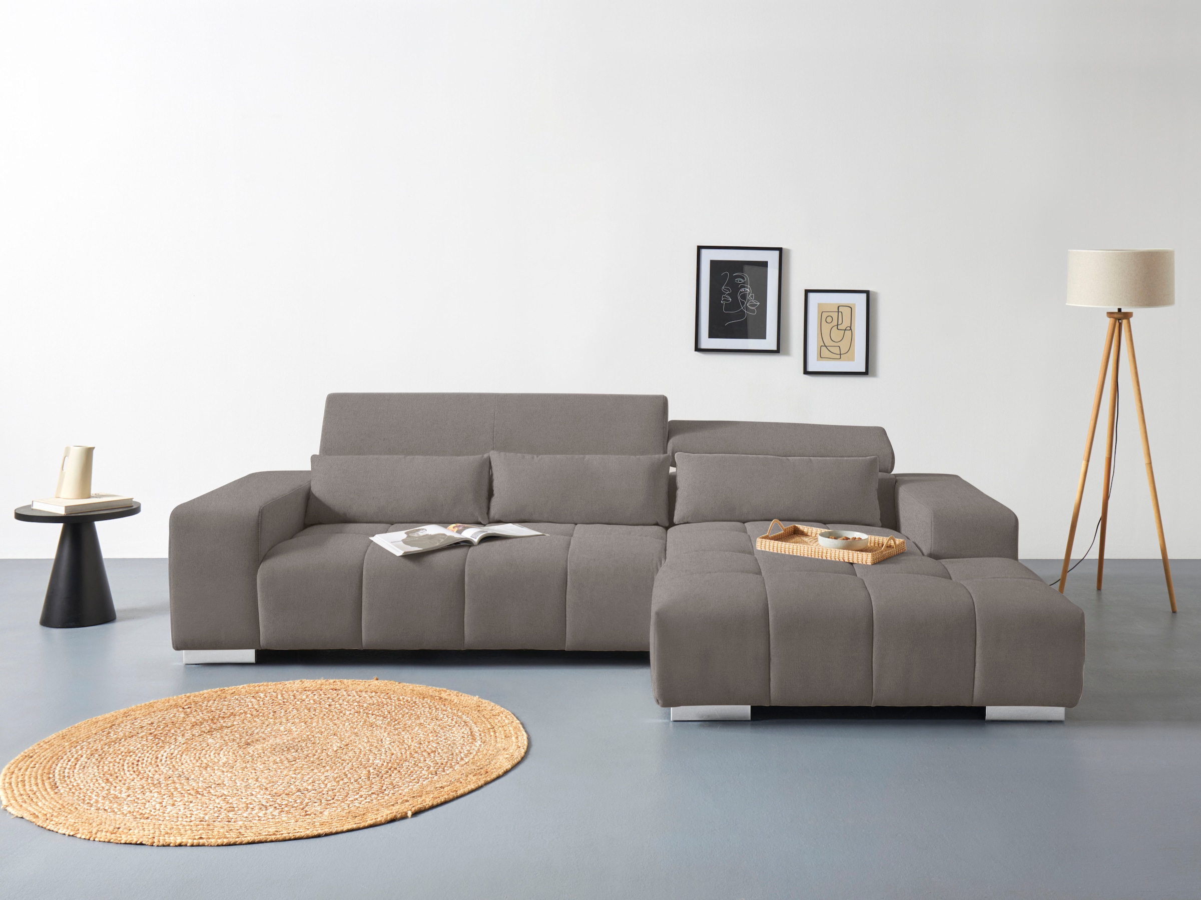 COTTA Ecksofa "Orion L-Form, B: 307 cm, moderne Steppung, bequeme Wellenunterfederung" 2x Kopfteilverstellung & 3 Nierenkissen