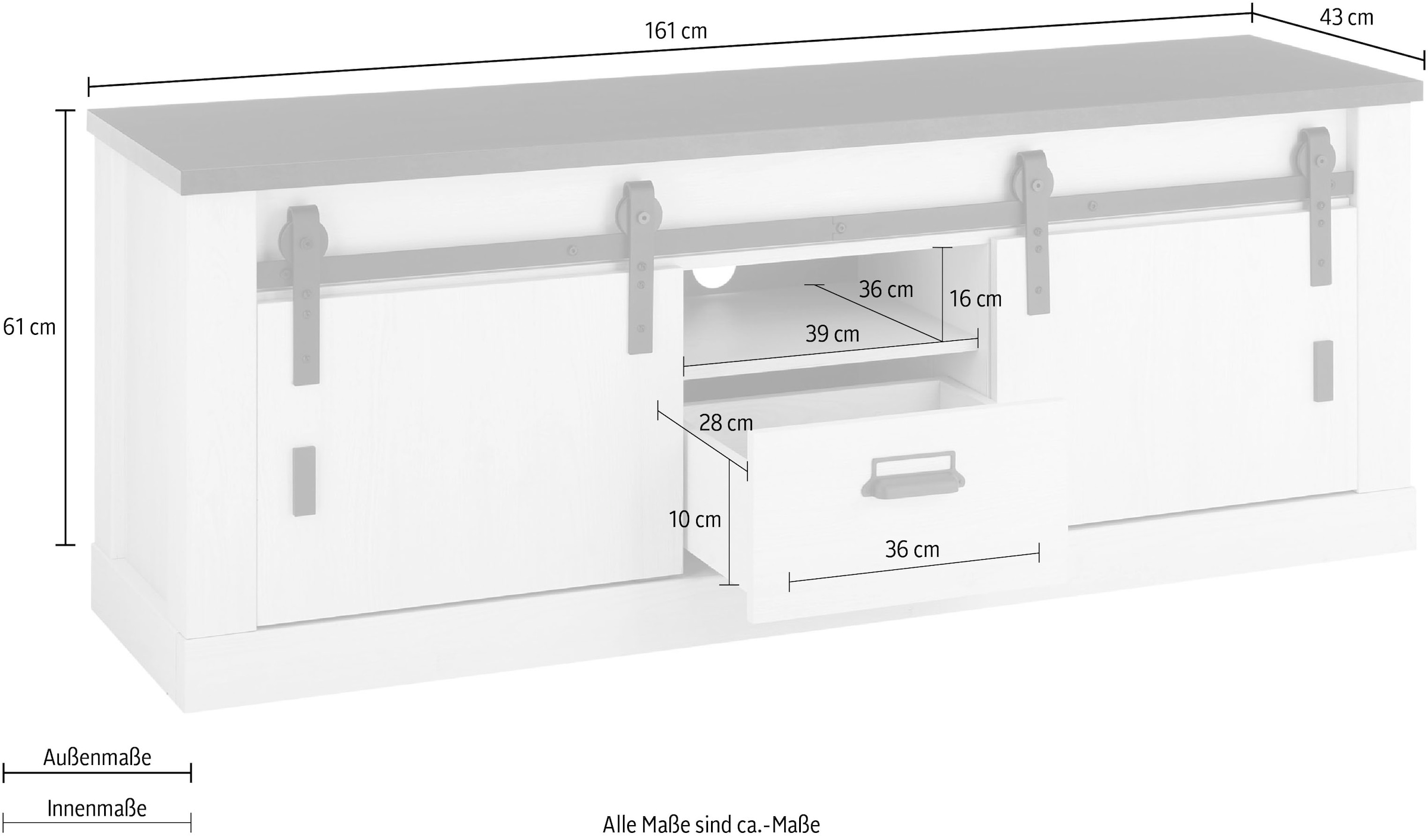 Home affaire Lowboard »SHERWOOD«, Holz Dekor, mit Scheunentorbeschlag und Apothekergriff, Breite 162 cm