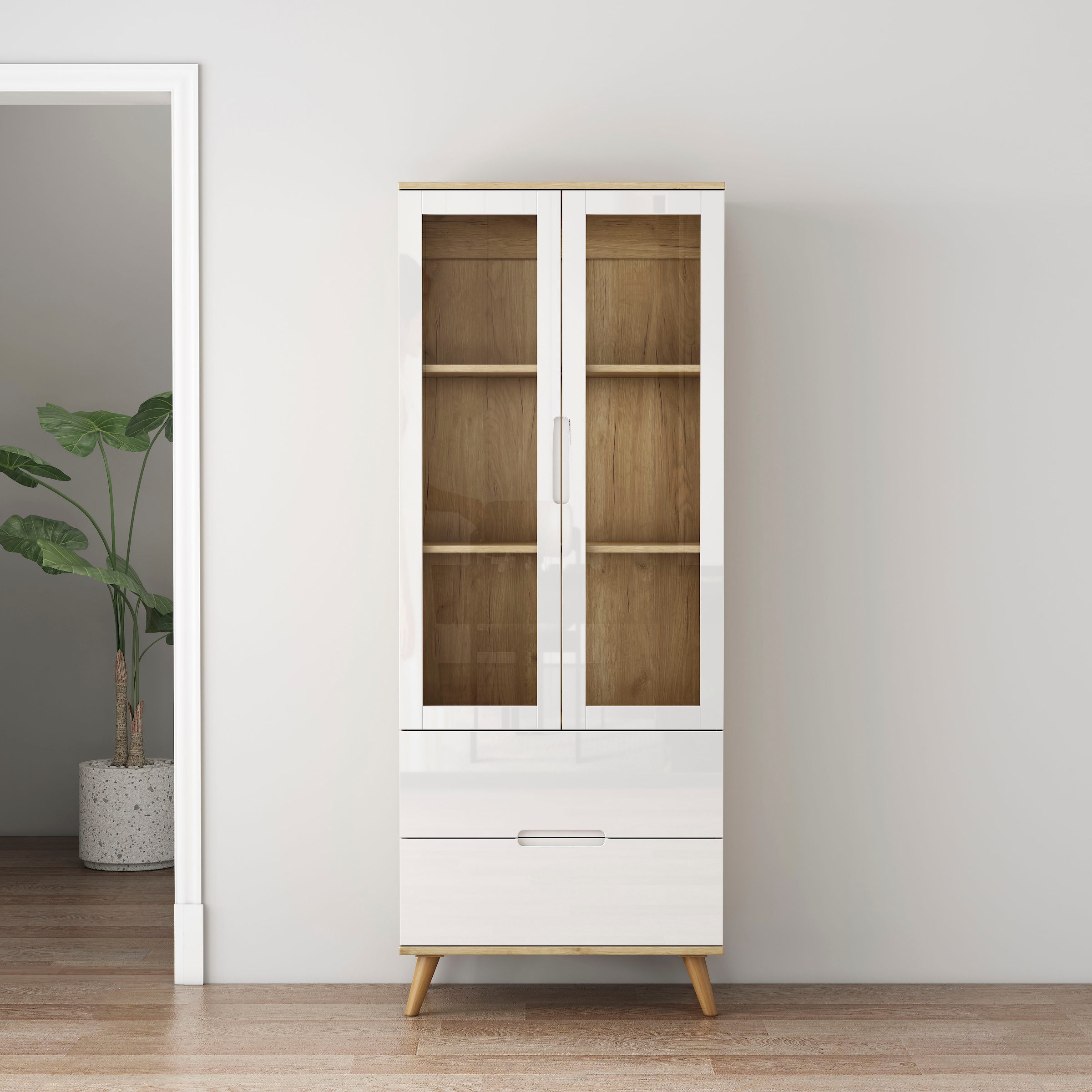 OTTO home Highboard "Lund" mit glänzenden Fronten, Glastüren, helles Holzde günstig online kaufen