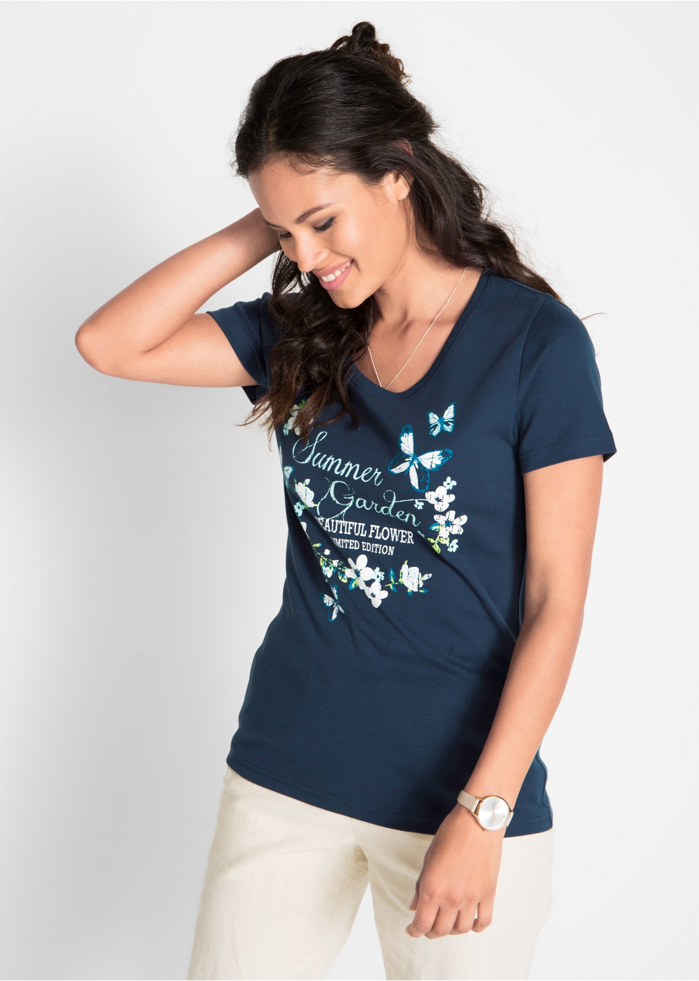 bonprix "Baumwoll Shirt, Kurzarm" leicht taillierte Passform, Kurzarm-Design, Rundhalsausschnitt