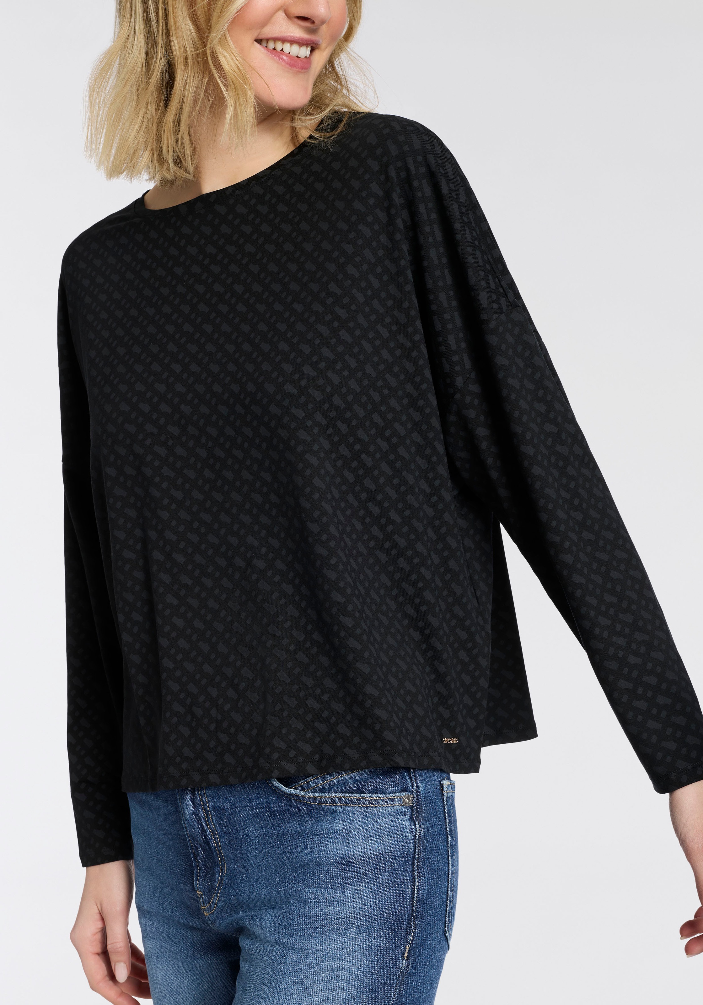 BOSS Pyjamaoberteil mit Monogramm-Print und Fledermausärmeln, Rundhalsaussc günstig online kaufen