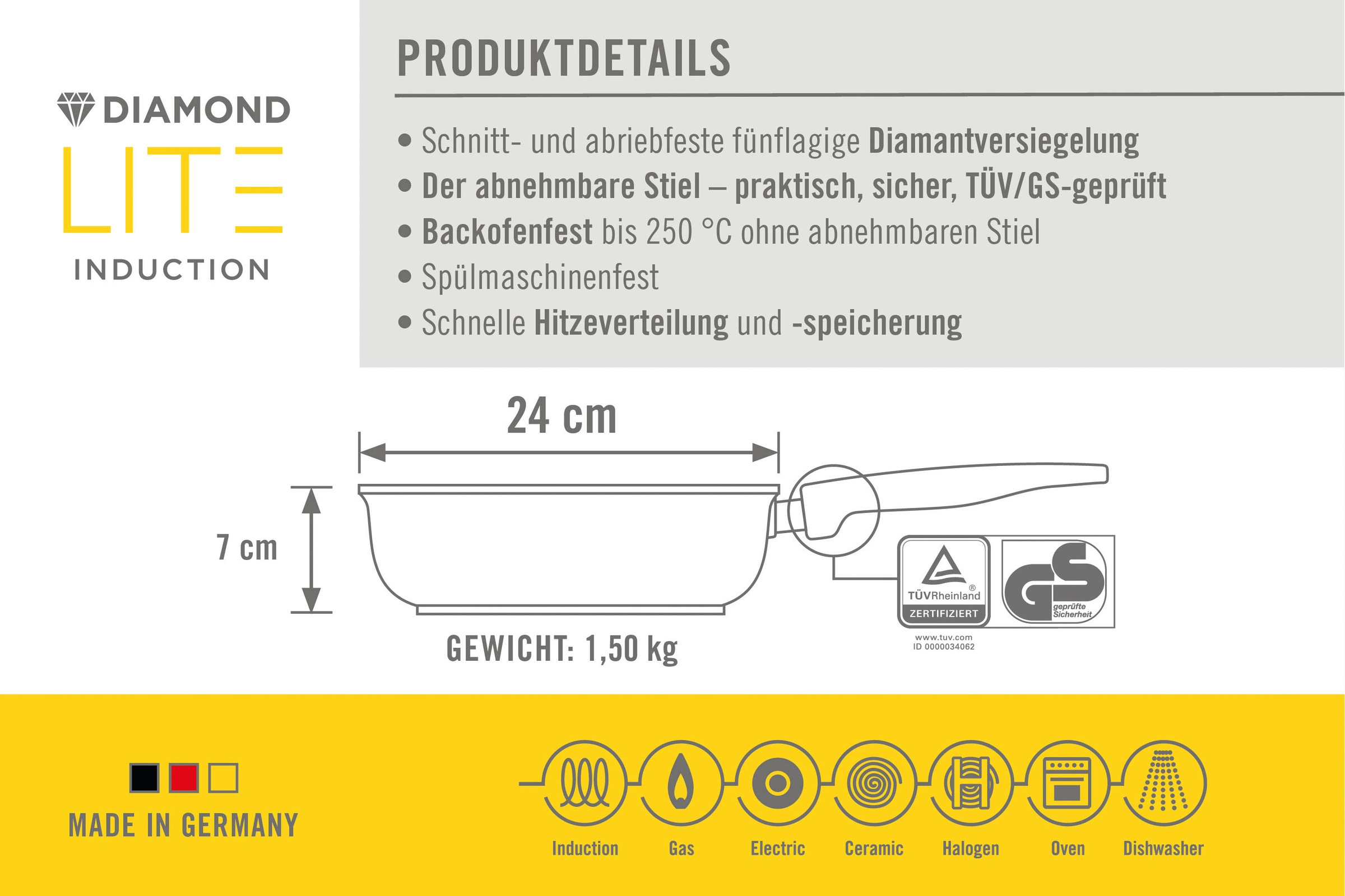 »Diamond Aluminium, in Lite«, BAUR Stiel, Schmorpfanne WOLL Pfannenwender, Germany inkl. Induktion, | 3 (Set, Made abnehmbarer bestellen tlg.),