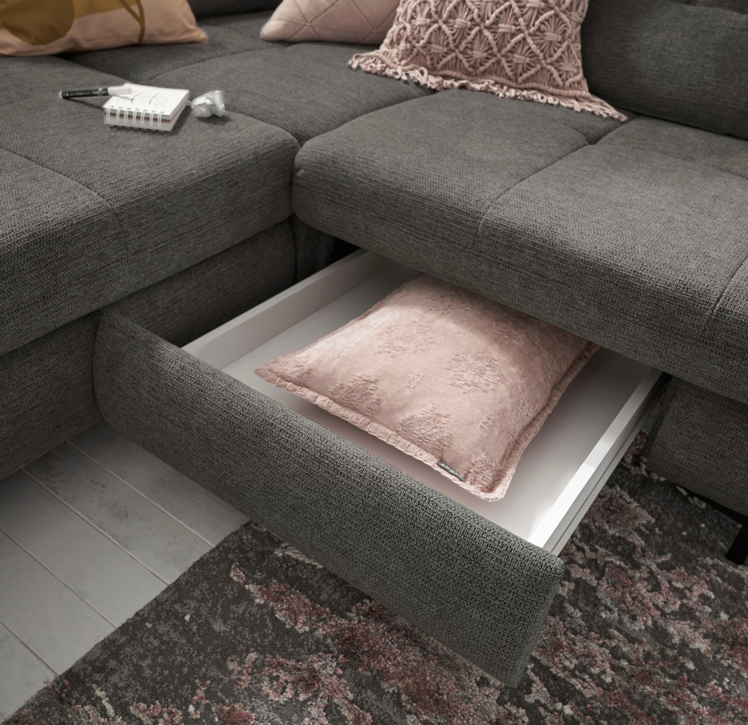 set one by Musterring Ecksofa »SO 3400 Sitzhöhe 47cm oder 49cm, Sitztiefe verstellbar, B/T 317/220 cm«, Kaltschaumpolsterung, Flachgewebe, whlw. mit weiteren Funktionen