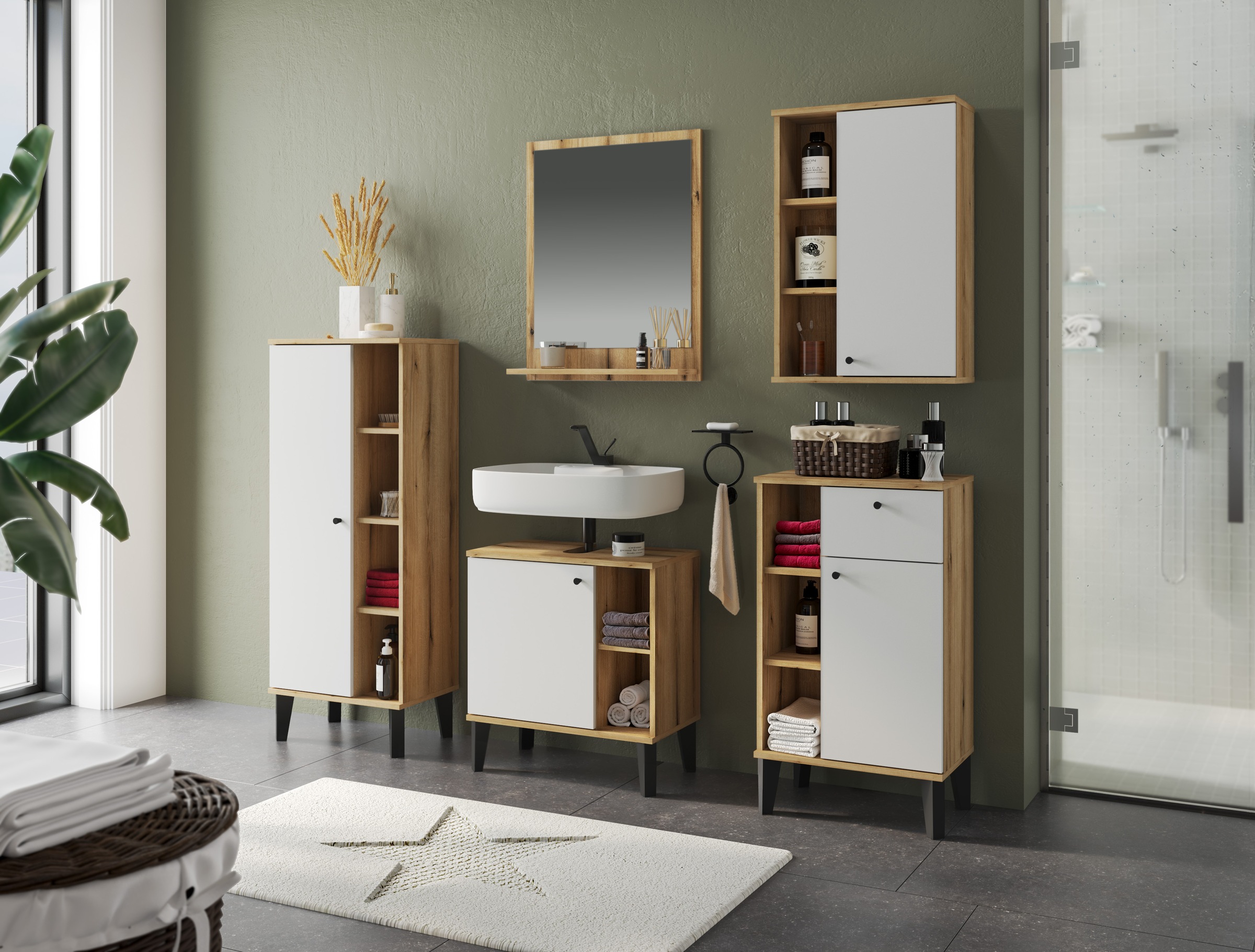 INOSIGN Badmöbel-Set »OSLO, Bad im skandinavischen Design, 5-teiliges Badezimmer«, (Set, 5 St.), Badschränke und Spiegel, in zwei Farben verfügbar, viel Stauraum