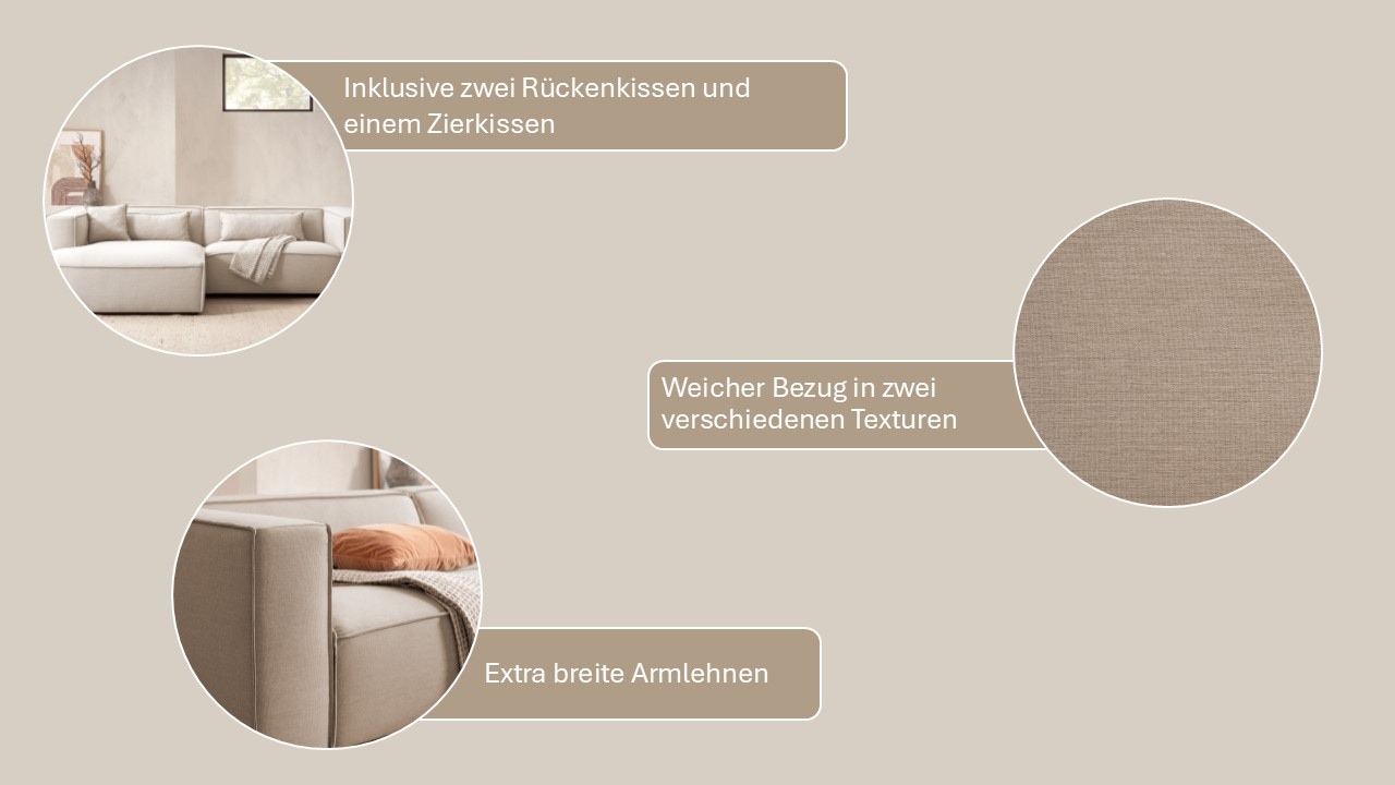 LeGer Home by Lena Gercke Ecksofa »PIARA mit Kedernaht in Cord oder Leinenoptik, moderne Couch in L-Form«, wahlweise Ottomane rechts/links, schwarze Füße, bequemer Sitzkomfort