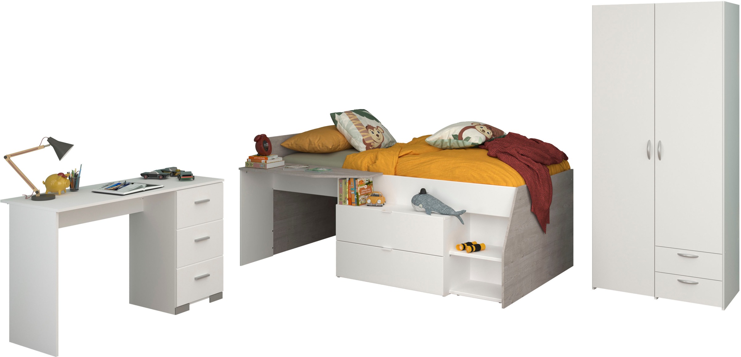 Thumbnail - Parisot Jugendzimmer-Set "Parisot Milky 13" 3 Stk. tlg. viel Stauraum, halbhohes Hochbett