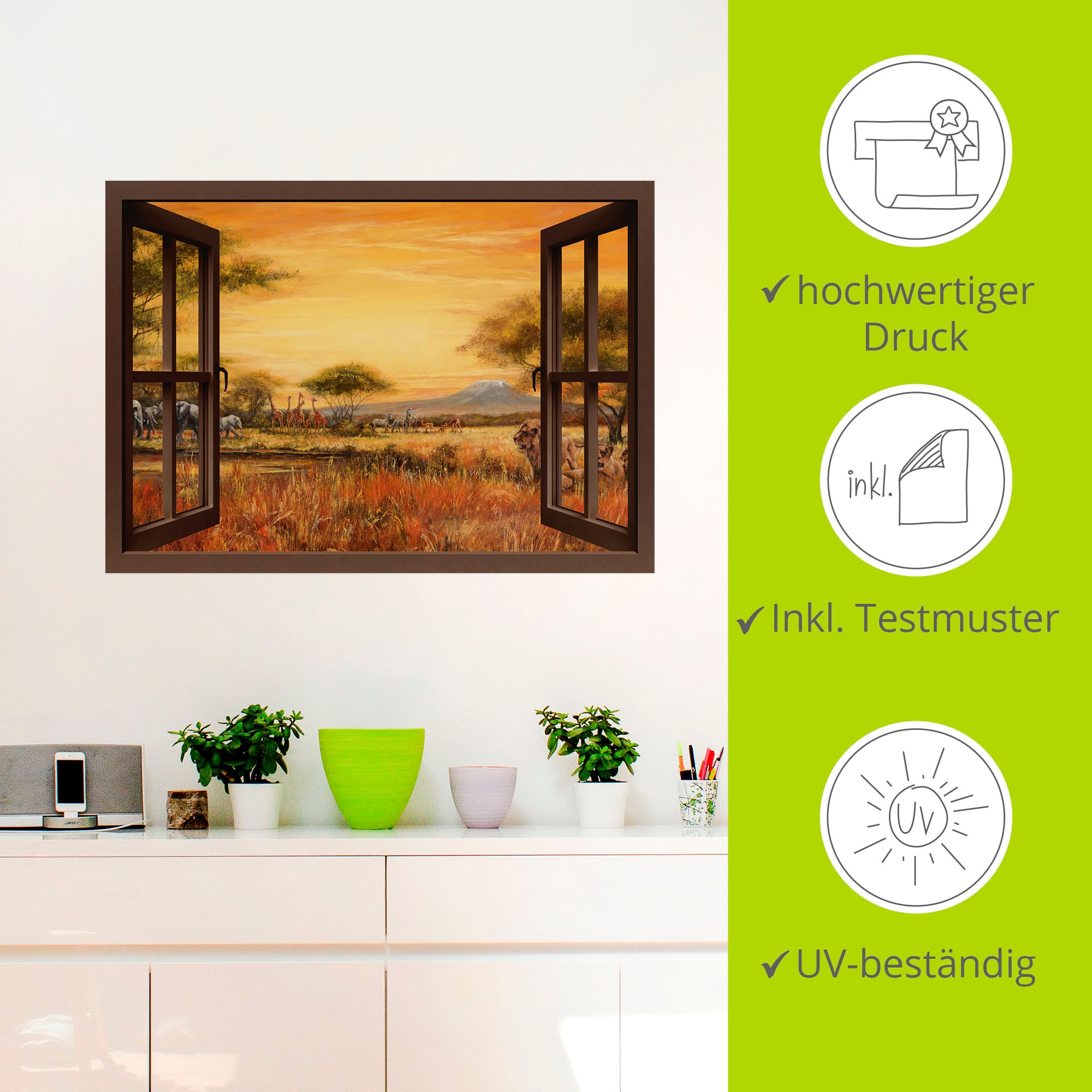 Artland Wandbild »Fensterblick Afrikanische Steppe Löwen«, Fensterblick, (1 St.), als Leinwandbild, Wandaufkleber in verschied. Größen