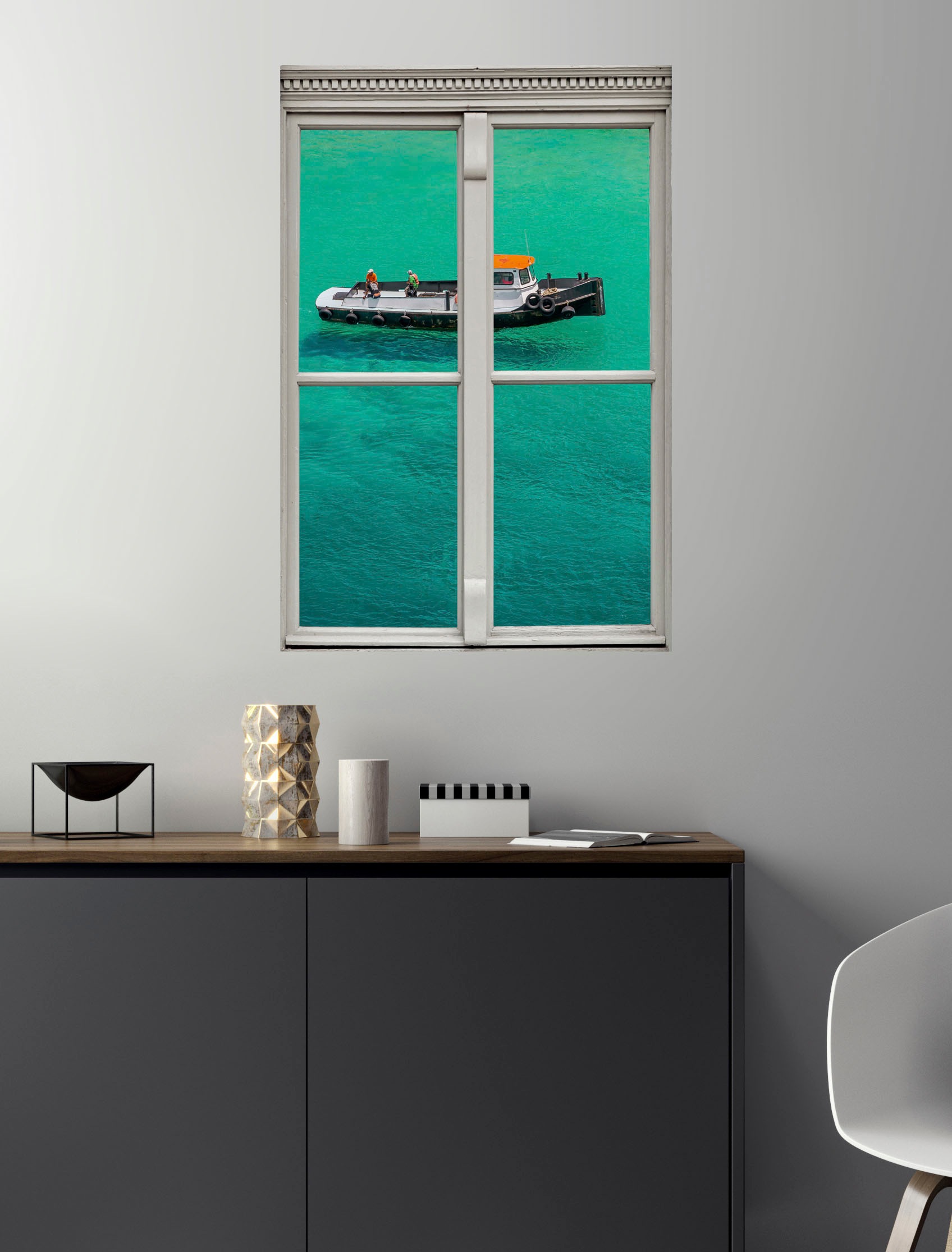 Thumbnail - queence Wandsticker "Boot im Meer" Wandsticker, Wandbild, selbstklebend, 3D, Fenster