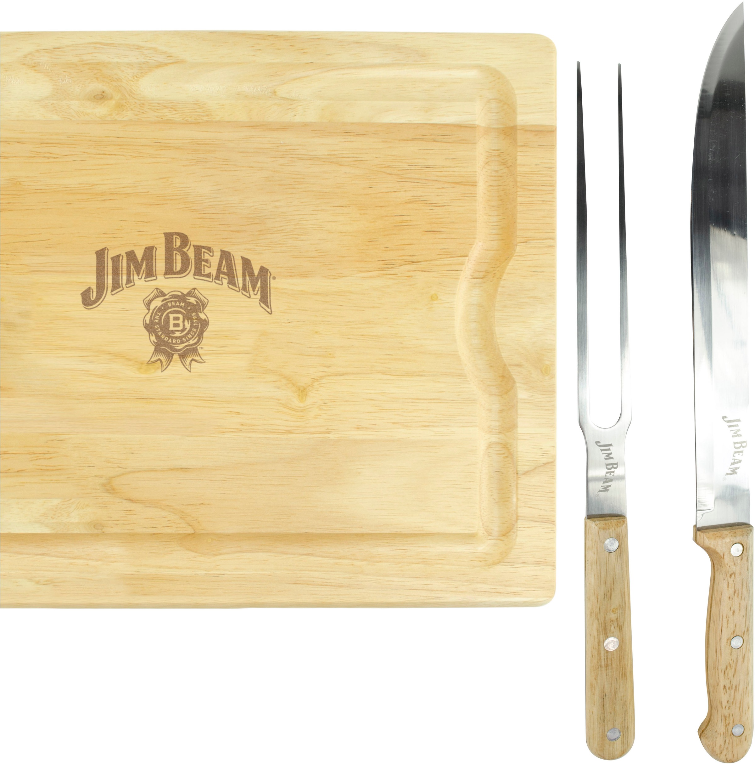 Jim Beam BBQ Schneidebrett »JB0237«, (Set), inkl. Tranchiermesser und Gabel mit Edelstahlklinge und Bambusgriffen