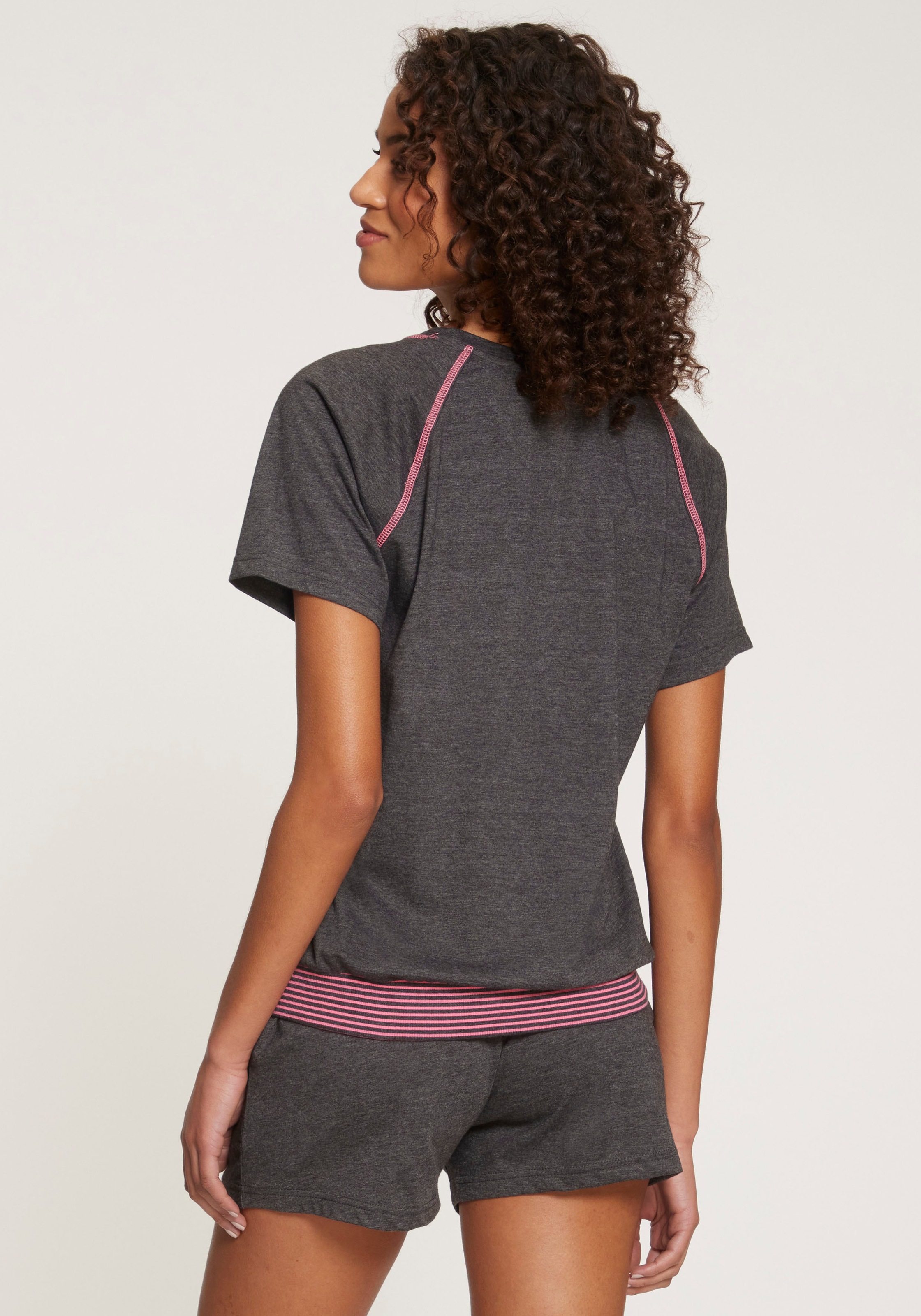 Shorty VIVANCE DREAMS, Damen, Gr. 44/46, grau (anthrazit, meliert), Single Jersey, Obermaterial: 60% Baumwolle, 40% Polyester, Basic kurz, Rundhals, Raglanärmel, Homewear-Sets Shorty, mit dekorativen Flatlock-Nähten in Neonfarben 3