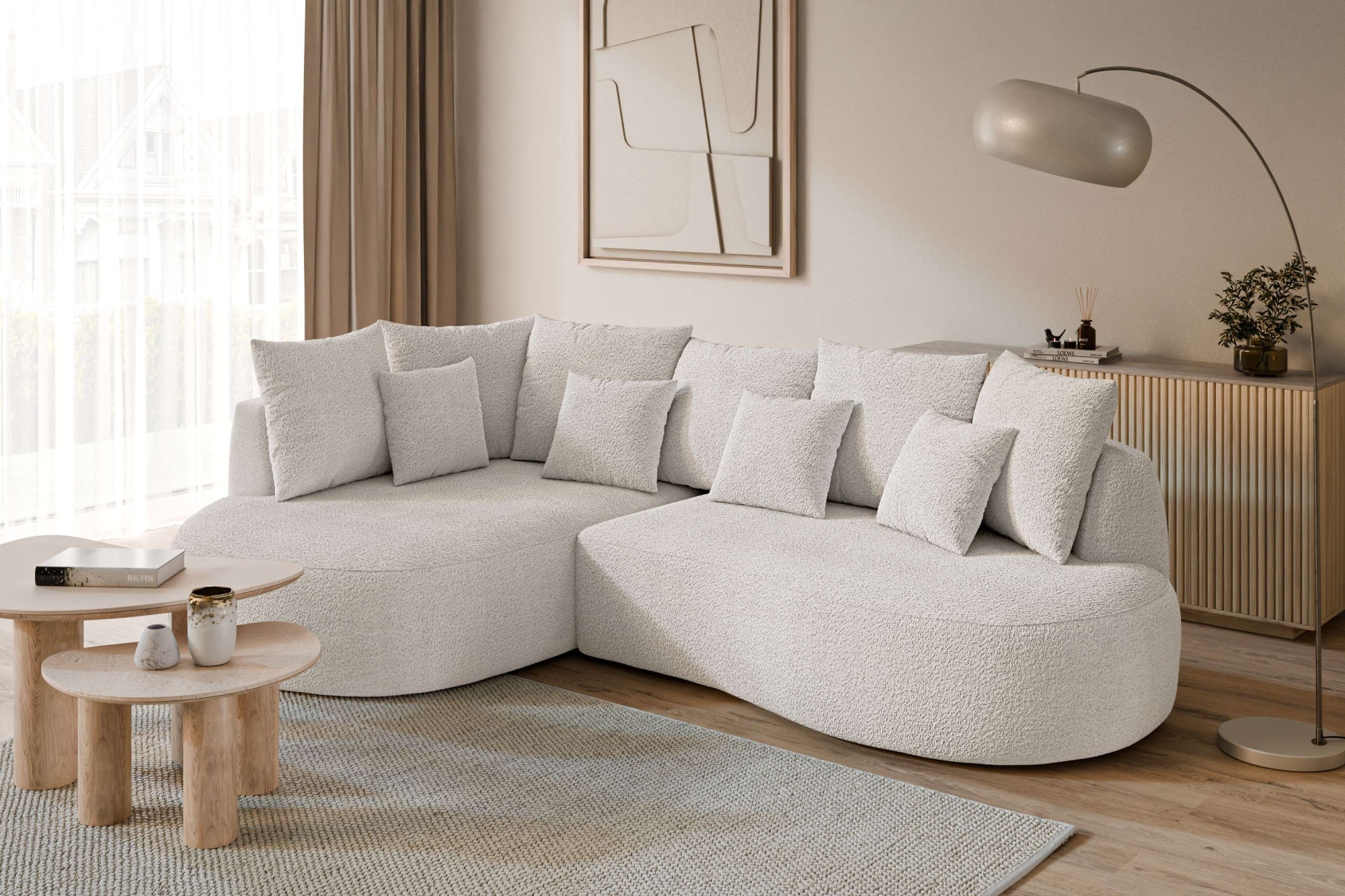 homsy by Ana Johnson Ecksofa "PEBBLA L-Form mit vielen Kissen, modernes Design, Bezug- Boucle" Breite 267 cm, Design-Sofa mit Ottomane recht/links bestellbar