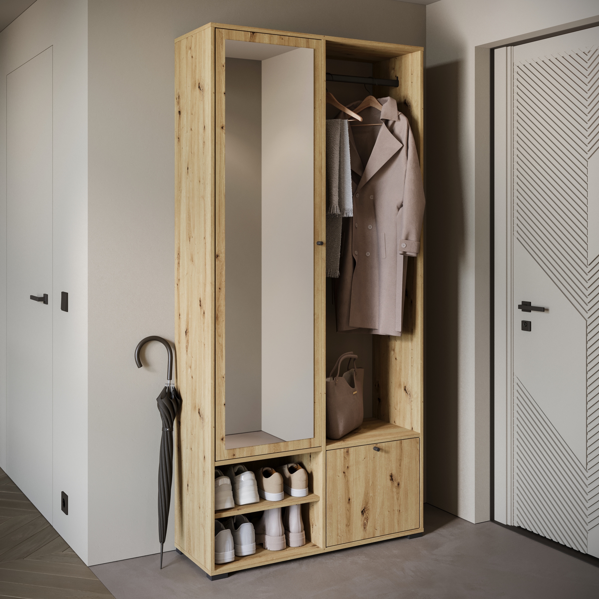 INOSIGN Garderobenschrank »DINO Kompaktgarderobe, Garderoben-Set DINO«, Mit Spiegel und Kleiderstange, 90 cm breit, Türanschlag wechselbar