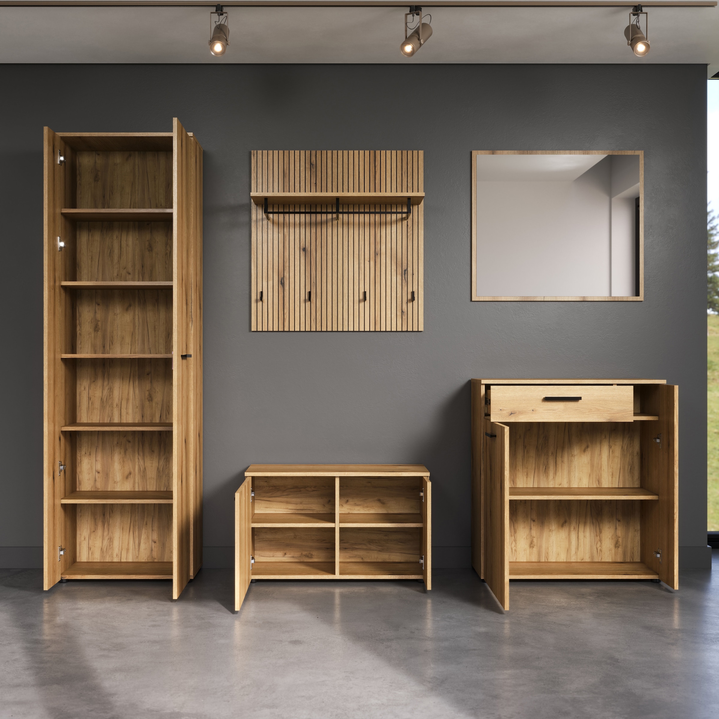 Home affaire Garderoben-Set »Amrum« Komplett-Set, 5 Stk. tlg. Set bestehend aus: Schrank, Sitzbank, Wandpaneel, Kommode & Spiegel