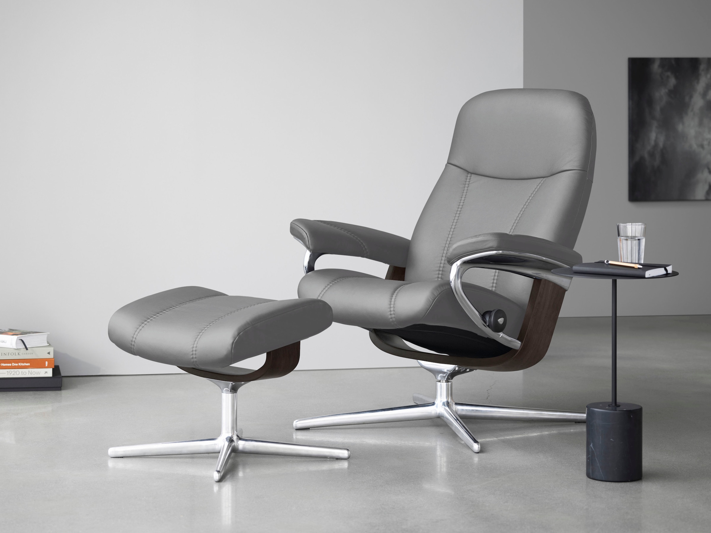 Stressless® Relaxsessel »Consul« Set, Relaxsessel mit Hocker,  mit Hocker, mit Cross Base, Größe S, M & L, Holzakzent Wenge