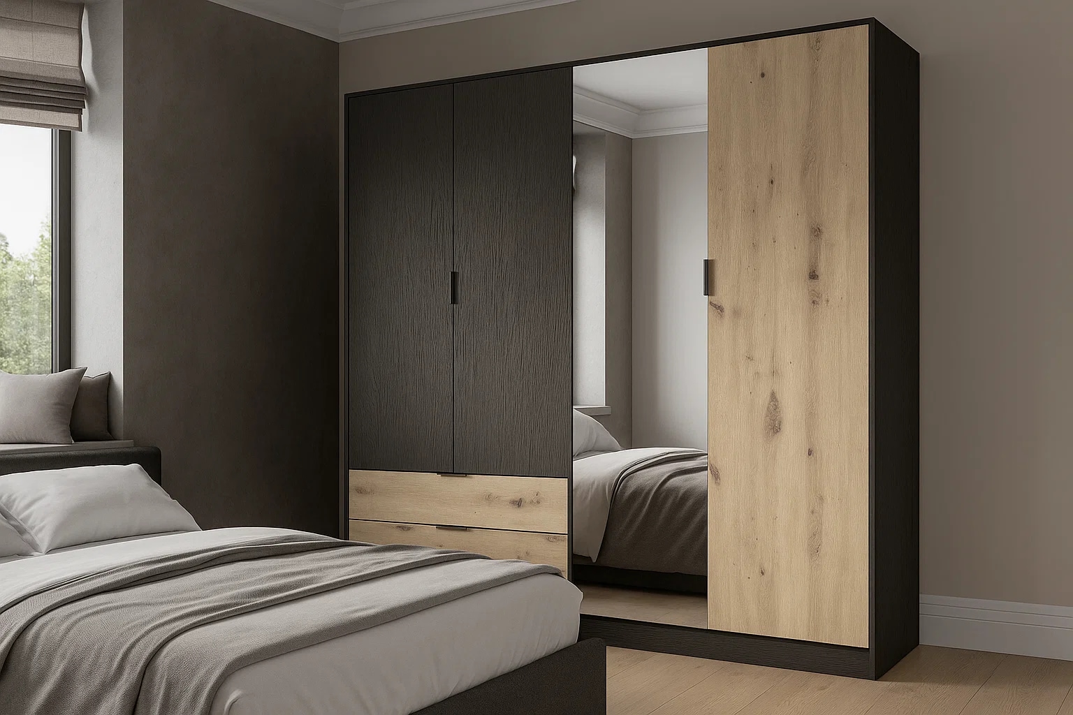 OTTO home Kleiderschrank "PEERY mit Spiegel, 2 Schubladen, 4 Fächer und 2 Kleiderstangen" Garderobe mit 4 Türen und schwarzen Griffen, Maße B/T/H: 220/54/203cm