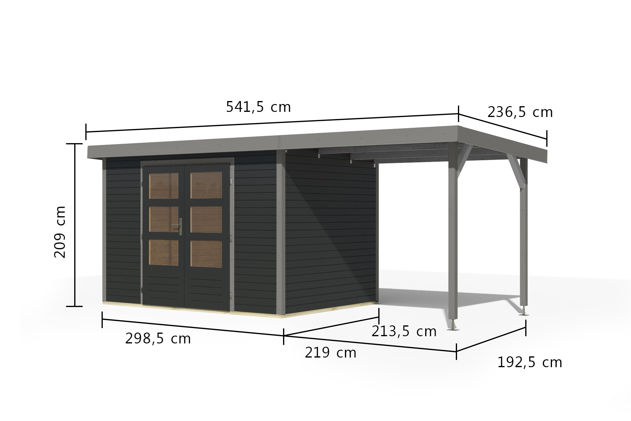 Karibu Gartenhaus »"Jupiter 4 C" SET anthrazit, mit Anbaudach 2,35 m breit«, hochwertige Materialien: nordische Fichte, Stahlecken, Trapezblechdach