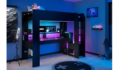 Hochbett »Gaming-Bett, mit Schreibtisch, USB Anschluss, LED, viel Stauraum«, ideal für...