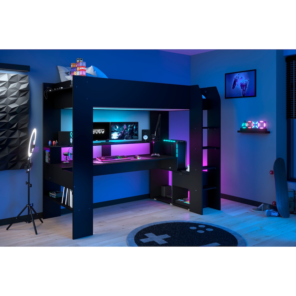 Parisot Hochbett »Gaming-Bett, mit Schreibtisch, USB Anschluss, LED, viel Stauraum«