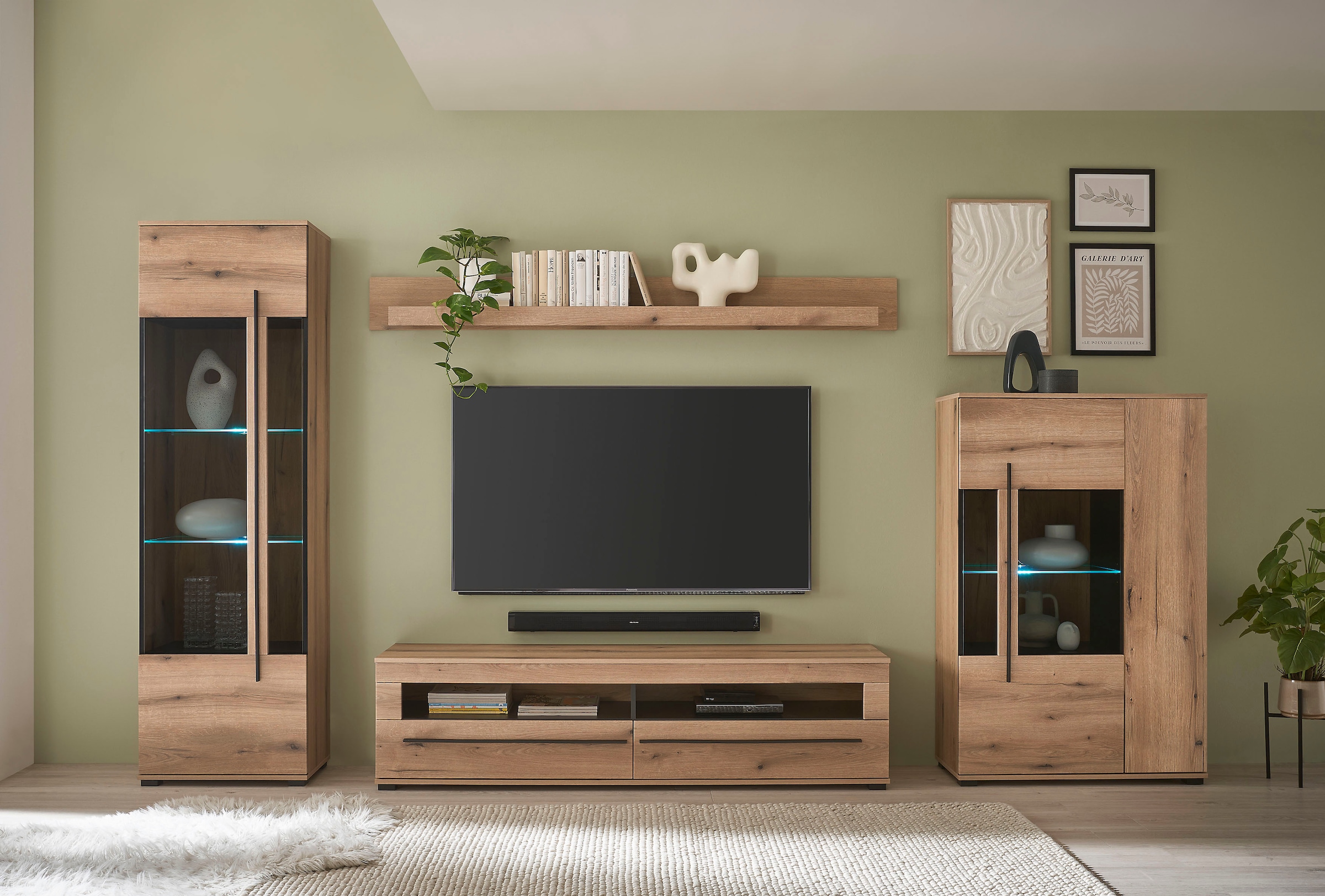 INOSIGN Wohnwand »Cantara, moderne Anbauwand, Wohnzimmer-Set, in Eiche Evoke oder Weiß«, (Set, 4 St.), enthält zwei Vitrinen, ein Lowboard und ein Wandboard