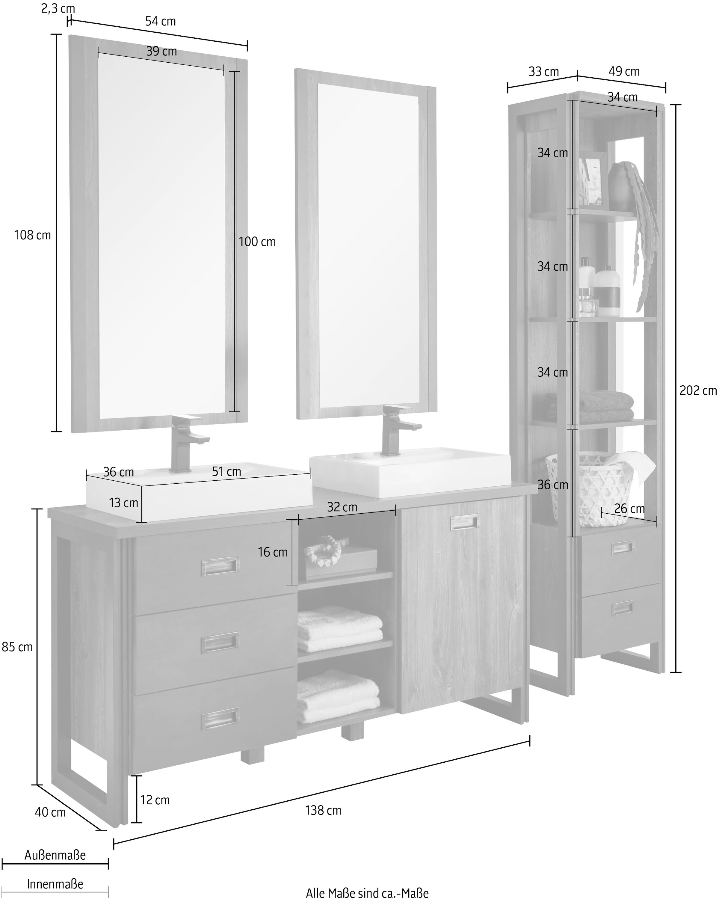 Home affaire Badmöbel-Set »Detroit, Bad im Industrialdesign, 3-teiliges Badezimmer«, (Set, 4 St.), Waschtisch, Regal & Spiegel, inkl. zwei Mineralguss-Aufsatzwaschbecken