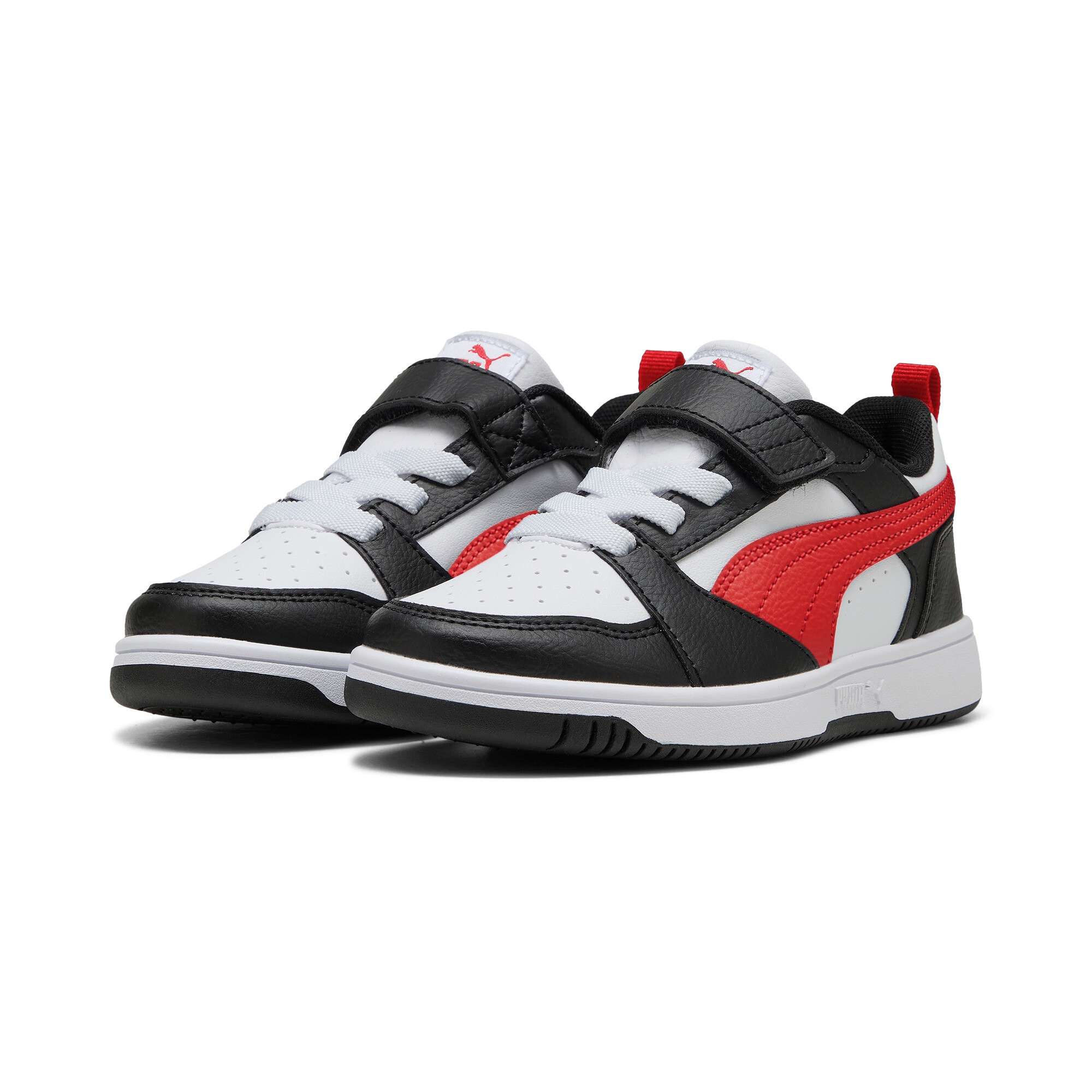 Sneaker PUMA "REBOUND V6 LO AC+ PS", Mädchen, Gr. 30, puma weiß, for all time rot, puma schwarz, Synthetik, Schuhe Sneaker, knöchelhoher Schnitt, mit Klettverschluss, mit Gummilaufsohle