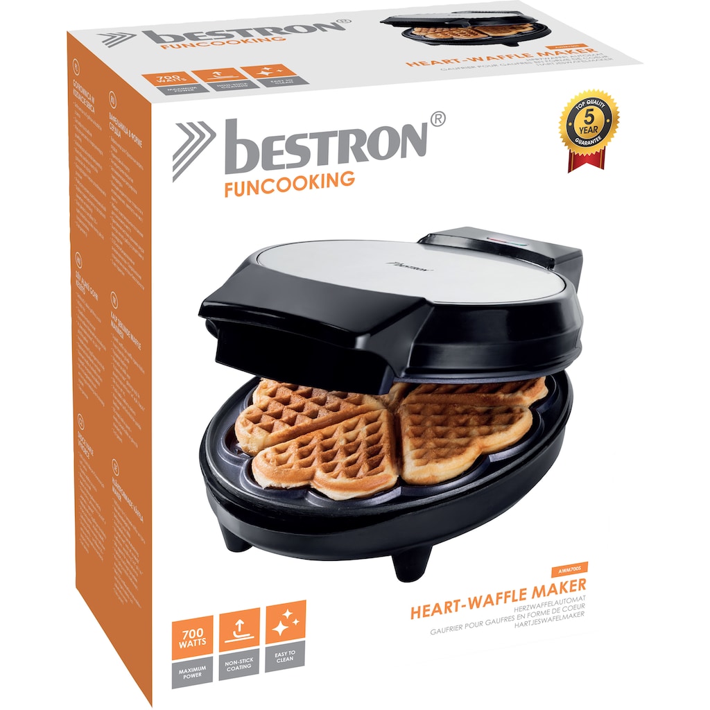 bestron Waffeleisen »AWM700S«, 700 W, klassische Herzwaffeln, Antihaftbeschichtung, inkl. Rezeptvorschläge