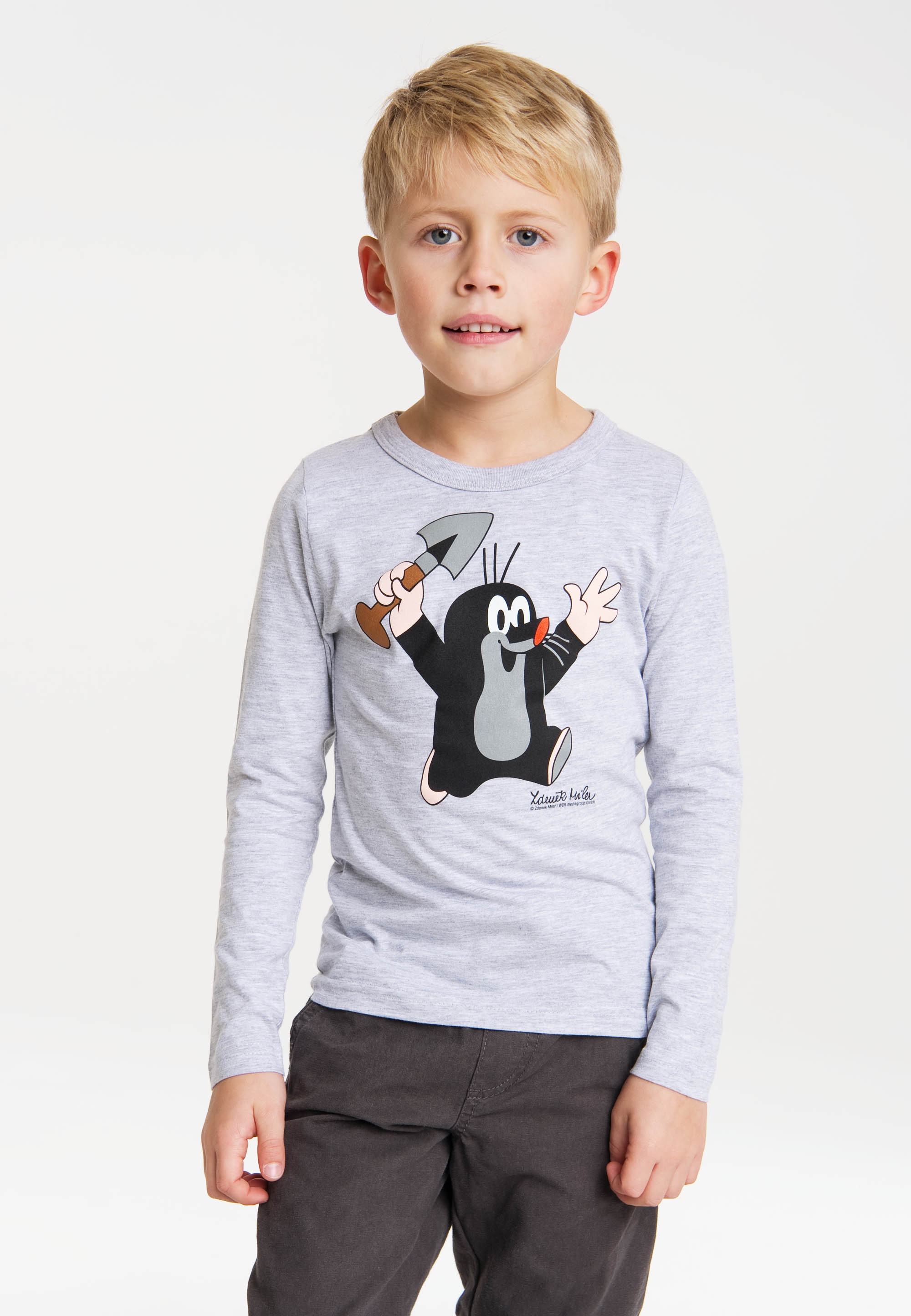 Langarmshirt LOGOSHIRT "Der kleine Maulwurf - Juhu", Jungen, Gr. 140, grau, 95% Baumwolle, 5% Viskose, bedruckt, meliert, normal, Rundhals, Shirts Langarmshirt, mit Der kleine Maulwurf-Aufdruck